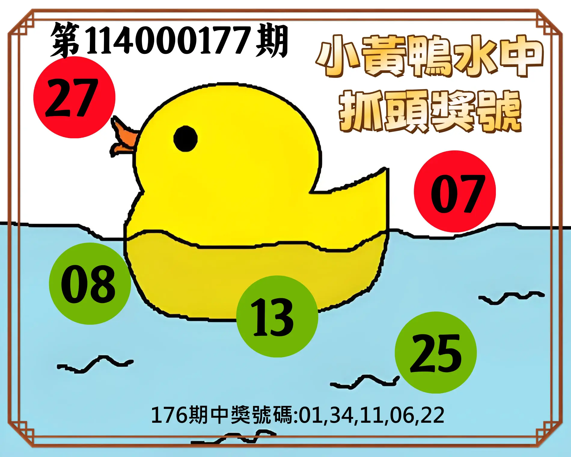 今彩539第114000177期(07/22)小黃鴨水中抓頭獎號
