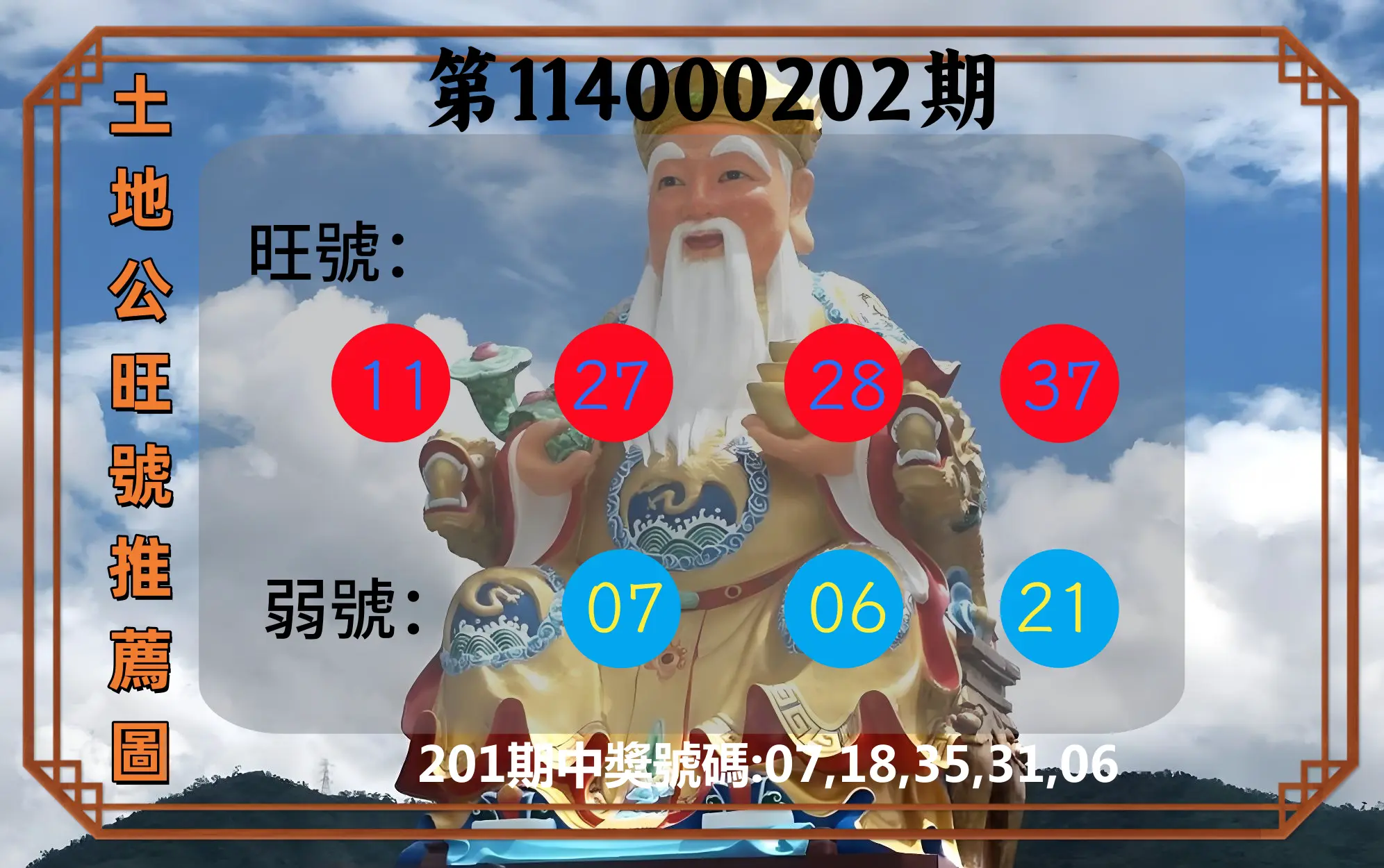 今彩539第114000202期(08/20)土地公旺號推薦圖