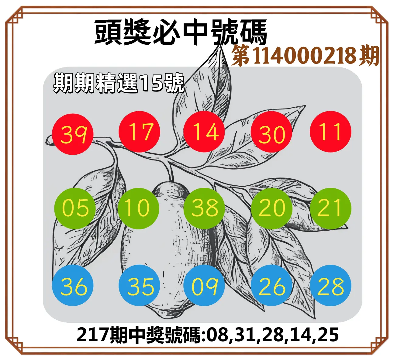 今彩539第114000218期(09/08)頭獎號碼