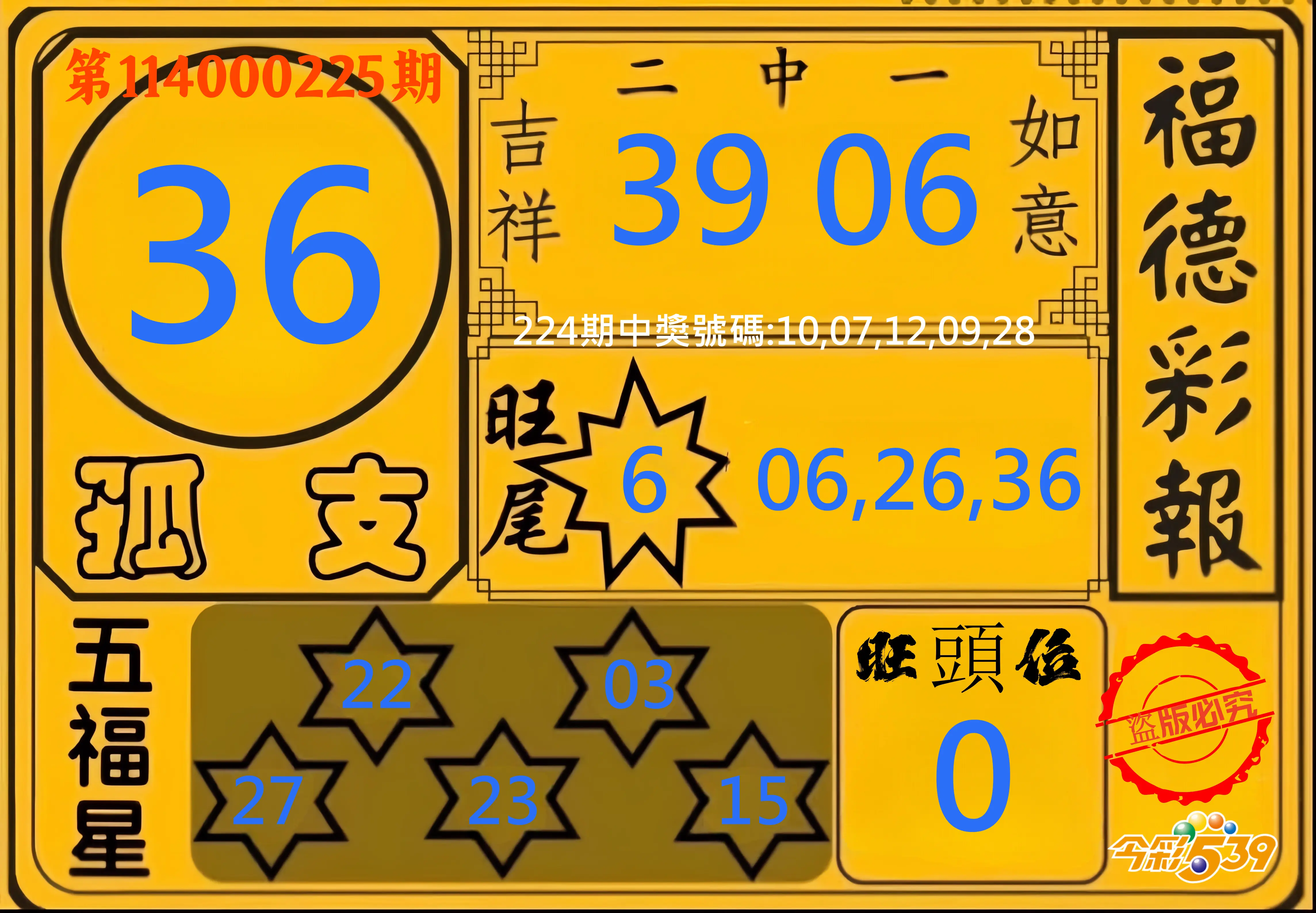 今彩539第114000225期(09/16)今彩539德福彩報牌預測