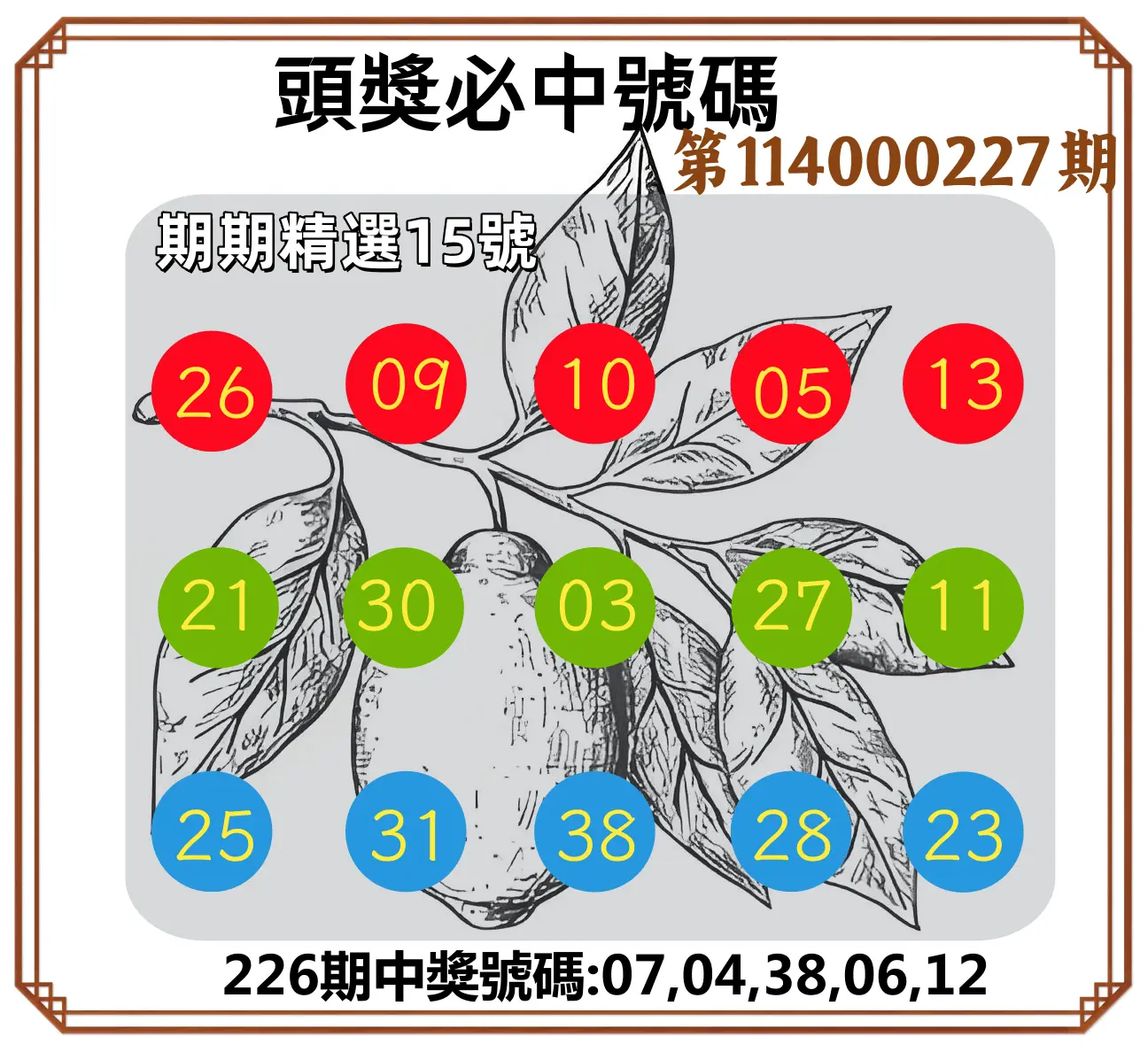 今彩539第114000227期(09/18)頭獎號碼