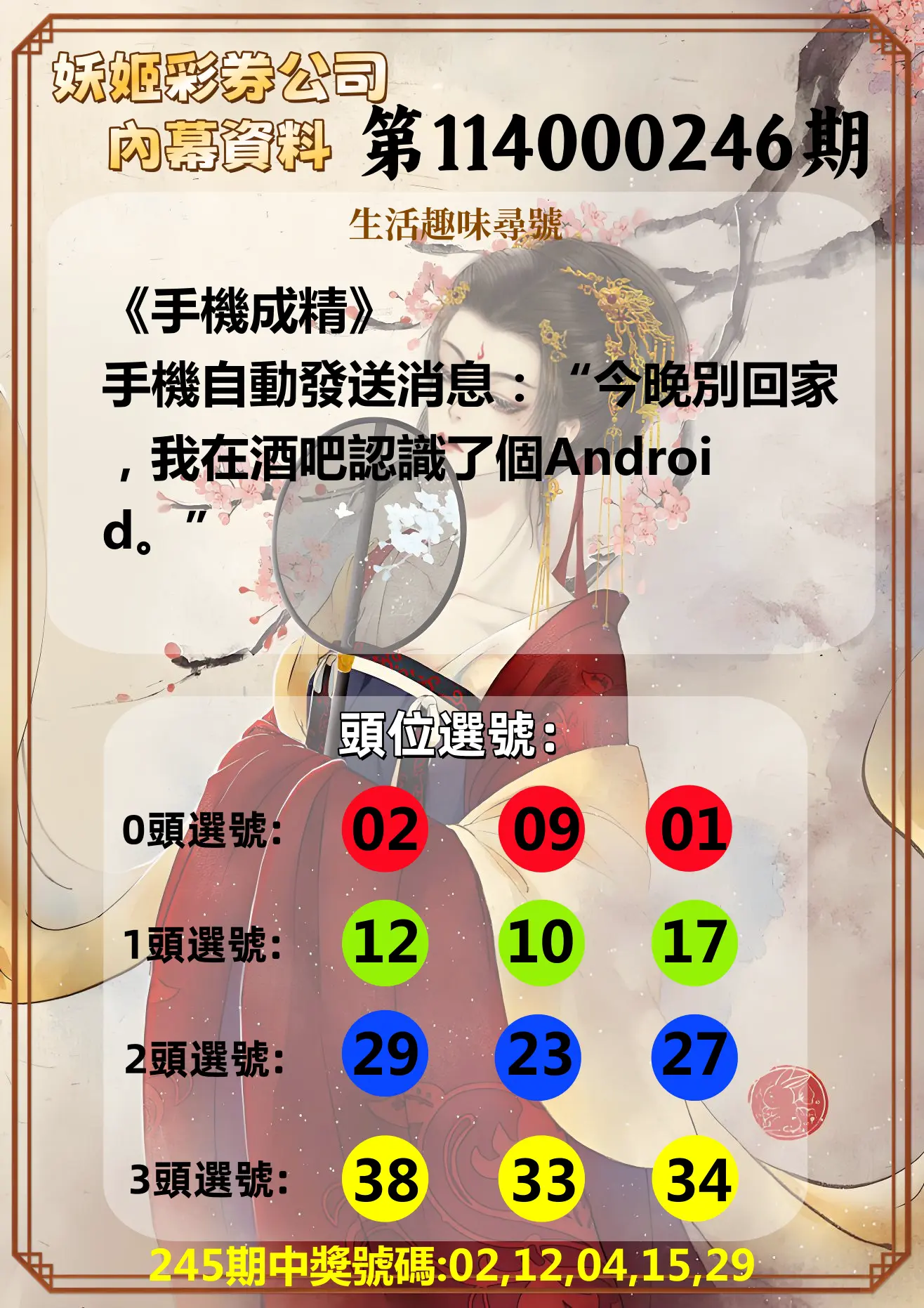 今彩539第114000246期(10/10)妖姬彩券公司內幕資料
