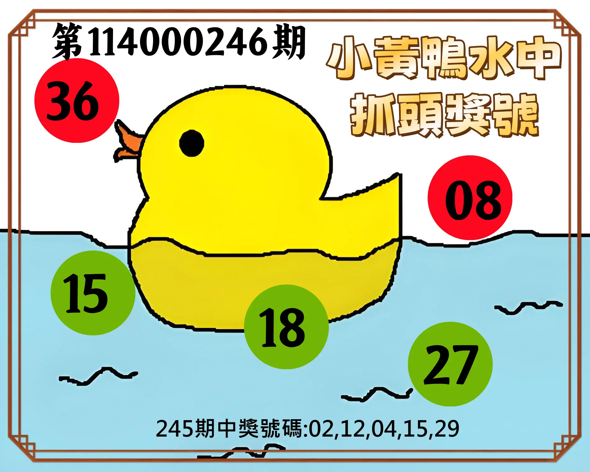 今彩539第114000246期(10/10)小黃鴨水中抓頭獎號