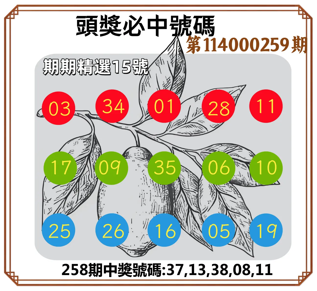 今彩539第114000259期(10/25)頭獎號碼