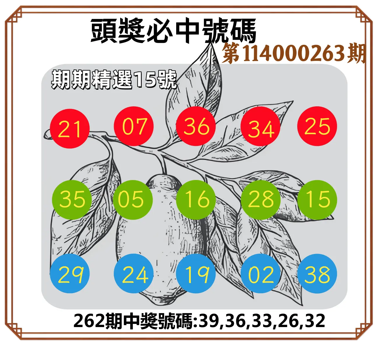 今彩539第114000263期(10/30)頭獎號碼