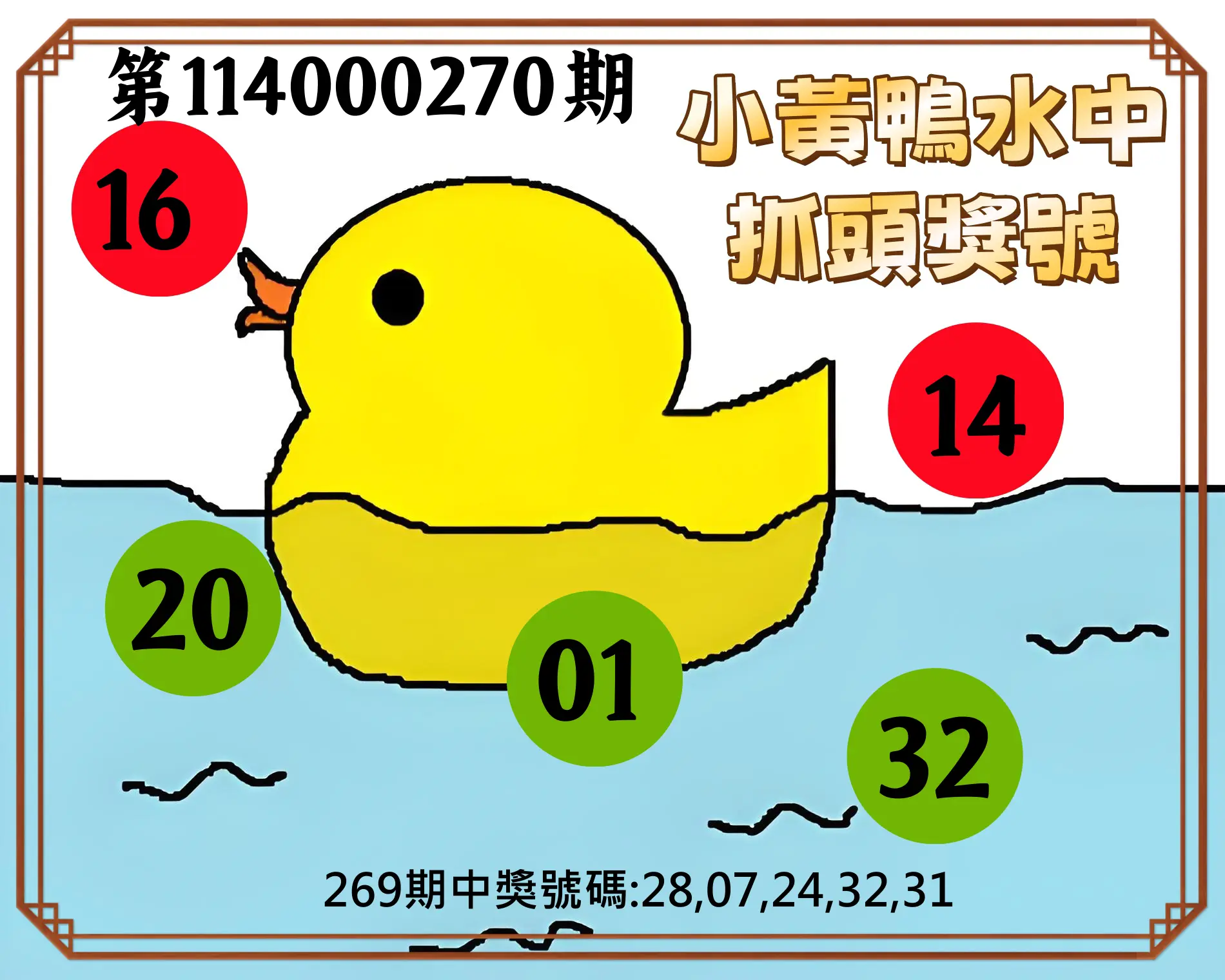 今彩539第114000270期(11/07)小黃鴨水中抓頭獎號