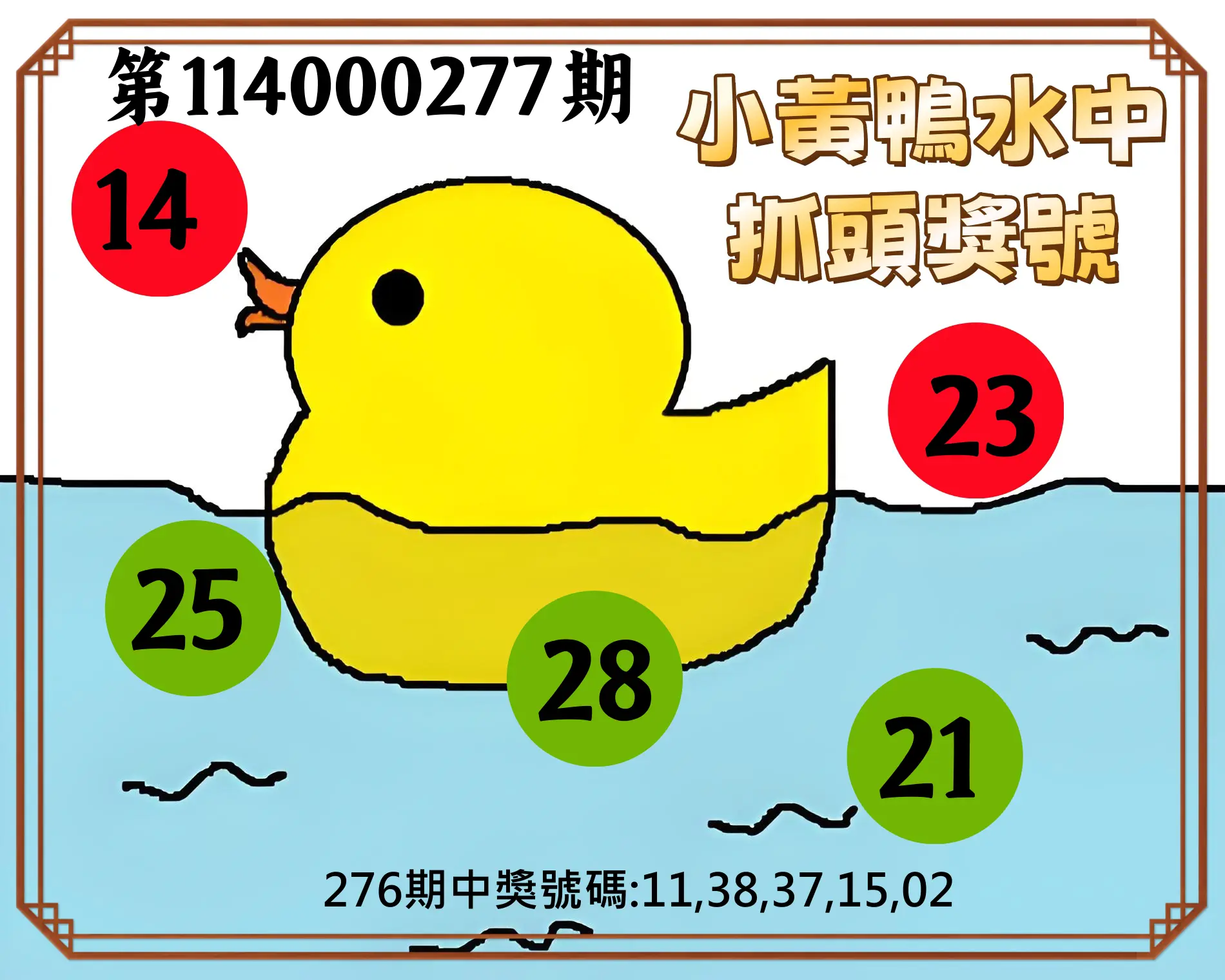 今彩539第114000277期(11/15)小黃鴨水中抓頭獎號