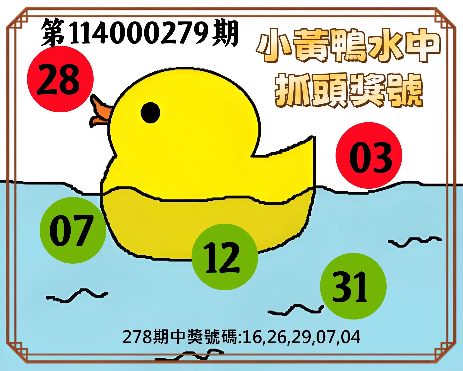 今彩539第114000279期(11/18)小黃鴨水中抓頭獎號