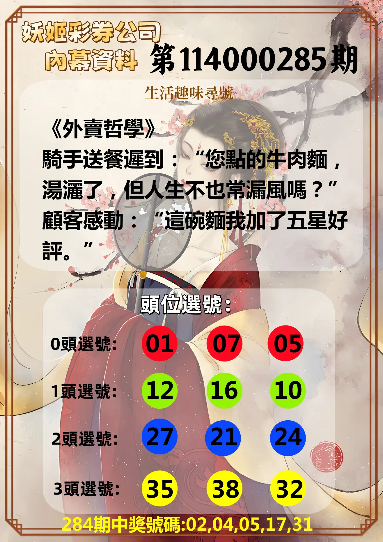 今彩539第114000285期(11/25)妖姬彩券公司內幕資料