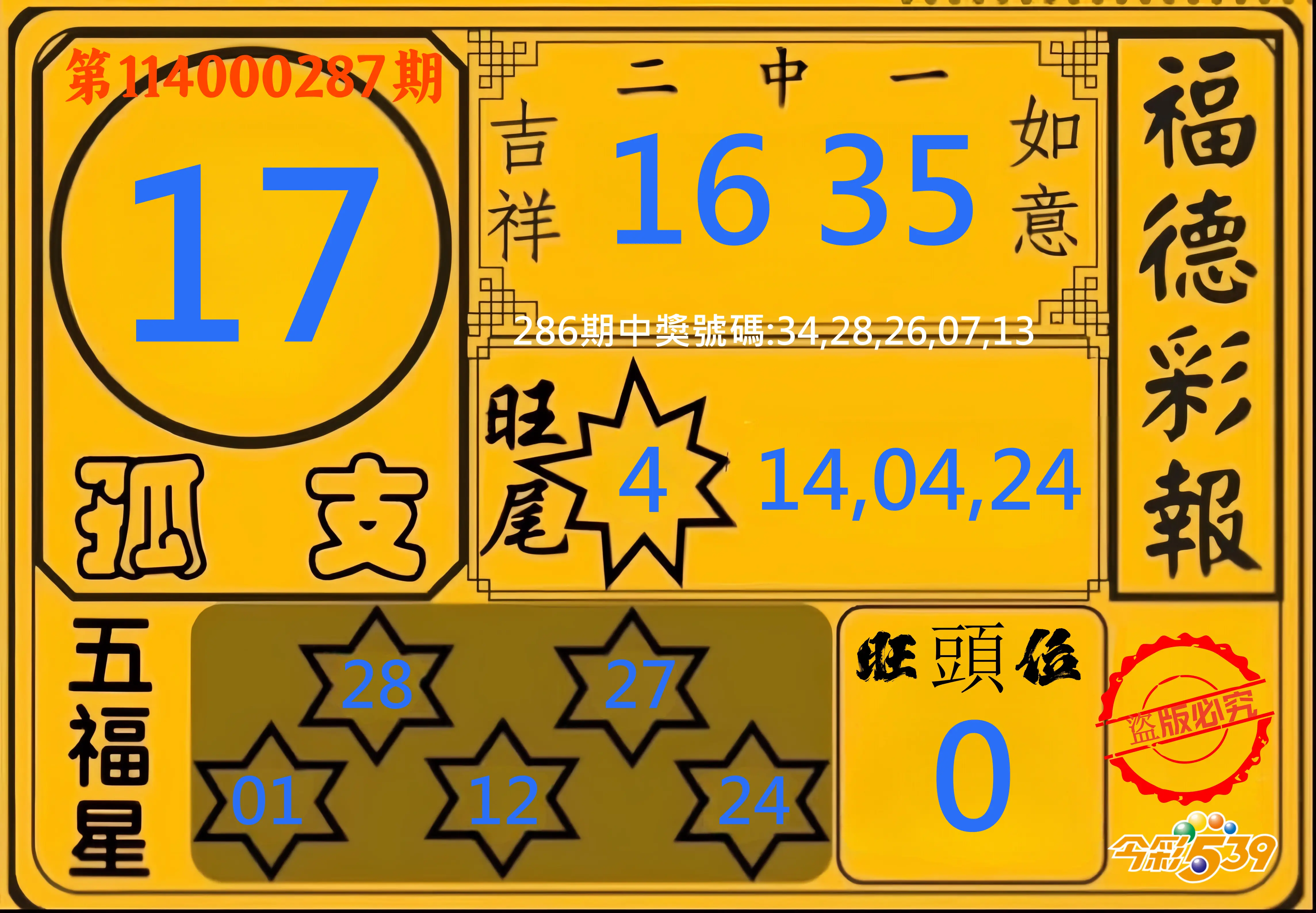 今彩539第114000287期(11/27)今彩539德福彩報牌預測