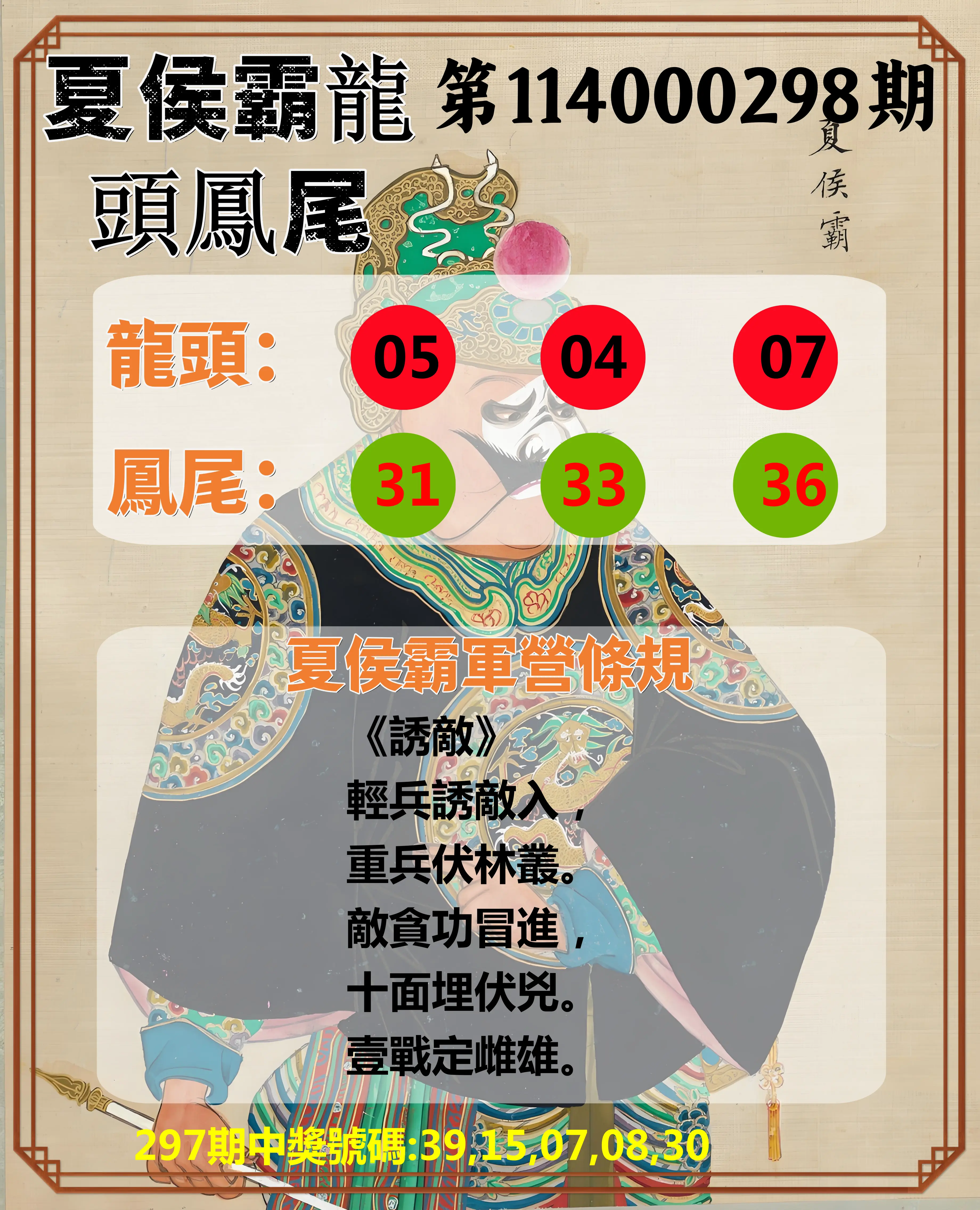 今彩539第114000298期(12/10)夏侯霸龍頭鳳尾