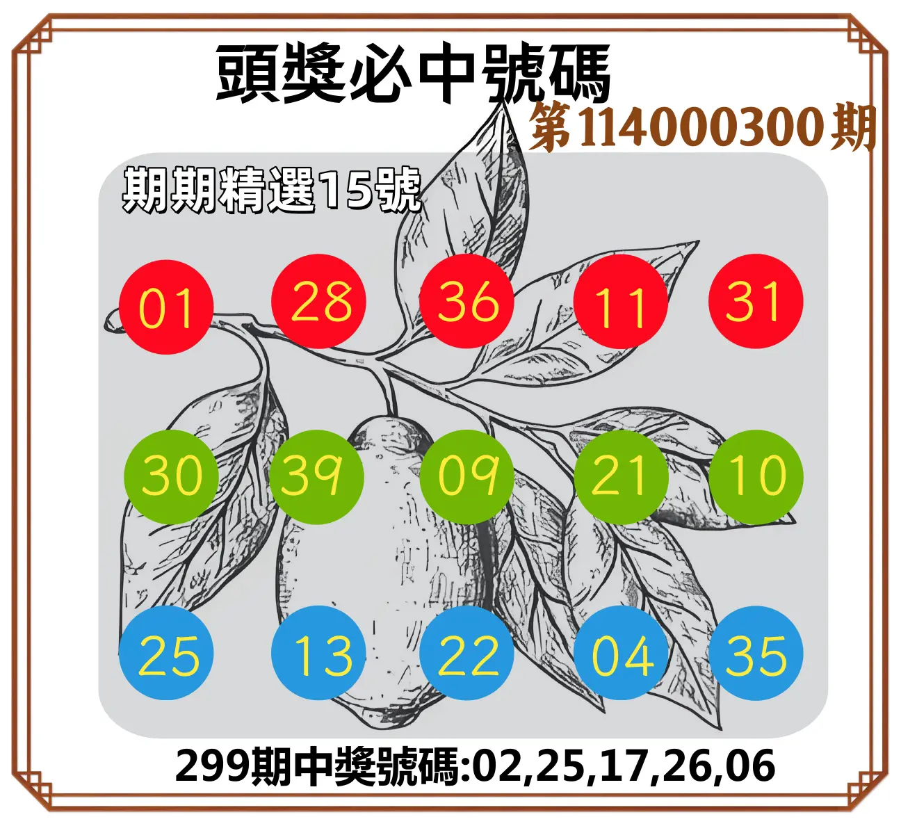 今彩539第114000300期(12/12)頭獎號碼
