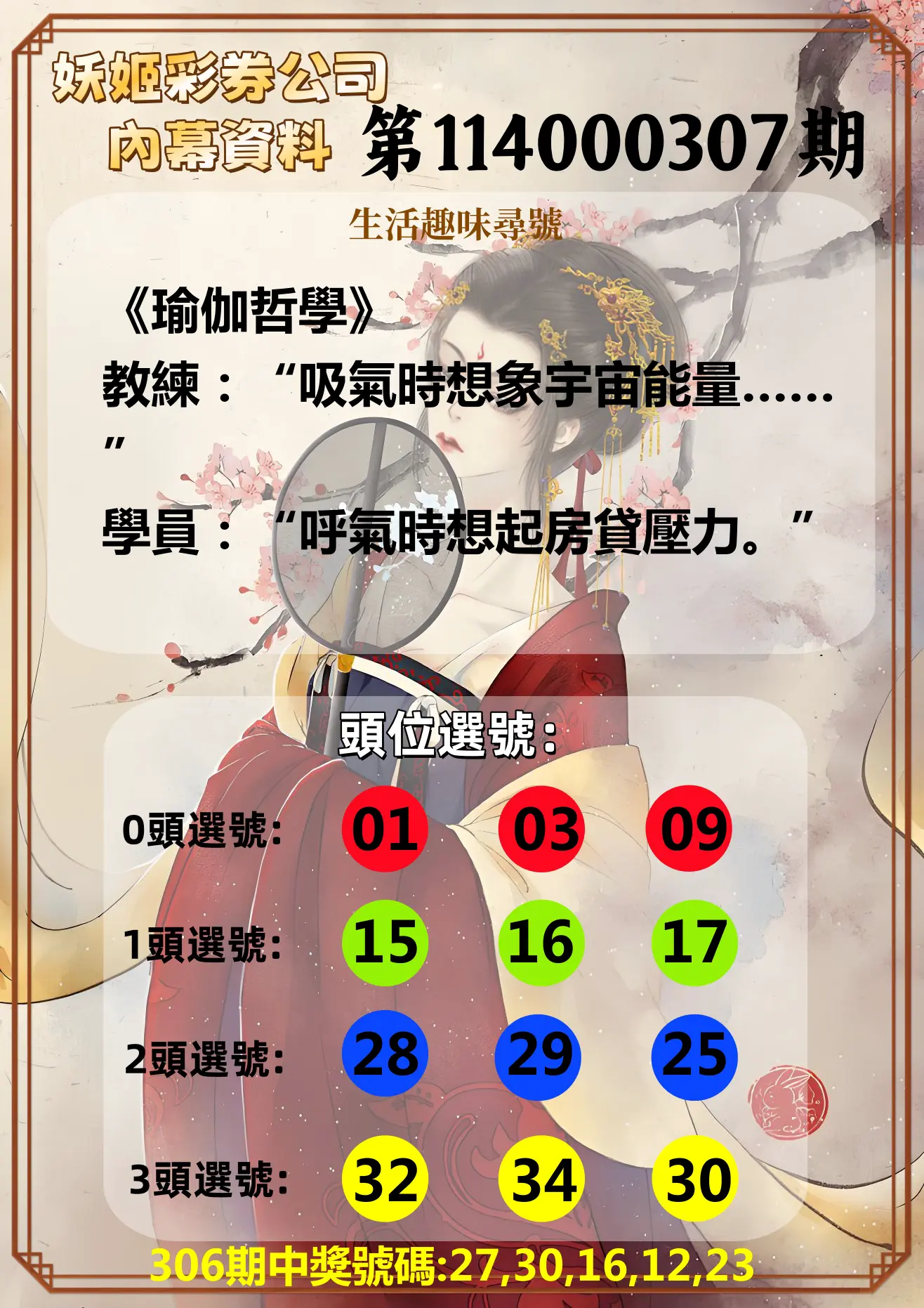 今彩539第114000307期(12/20)妖姬彩券公司內幕資料