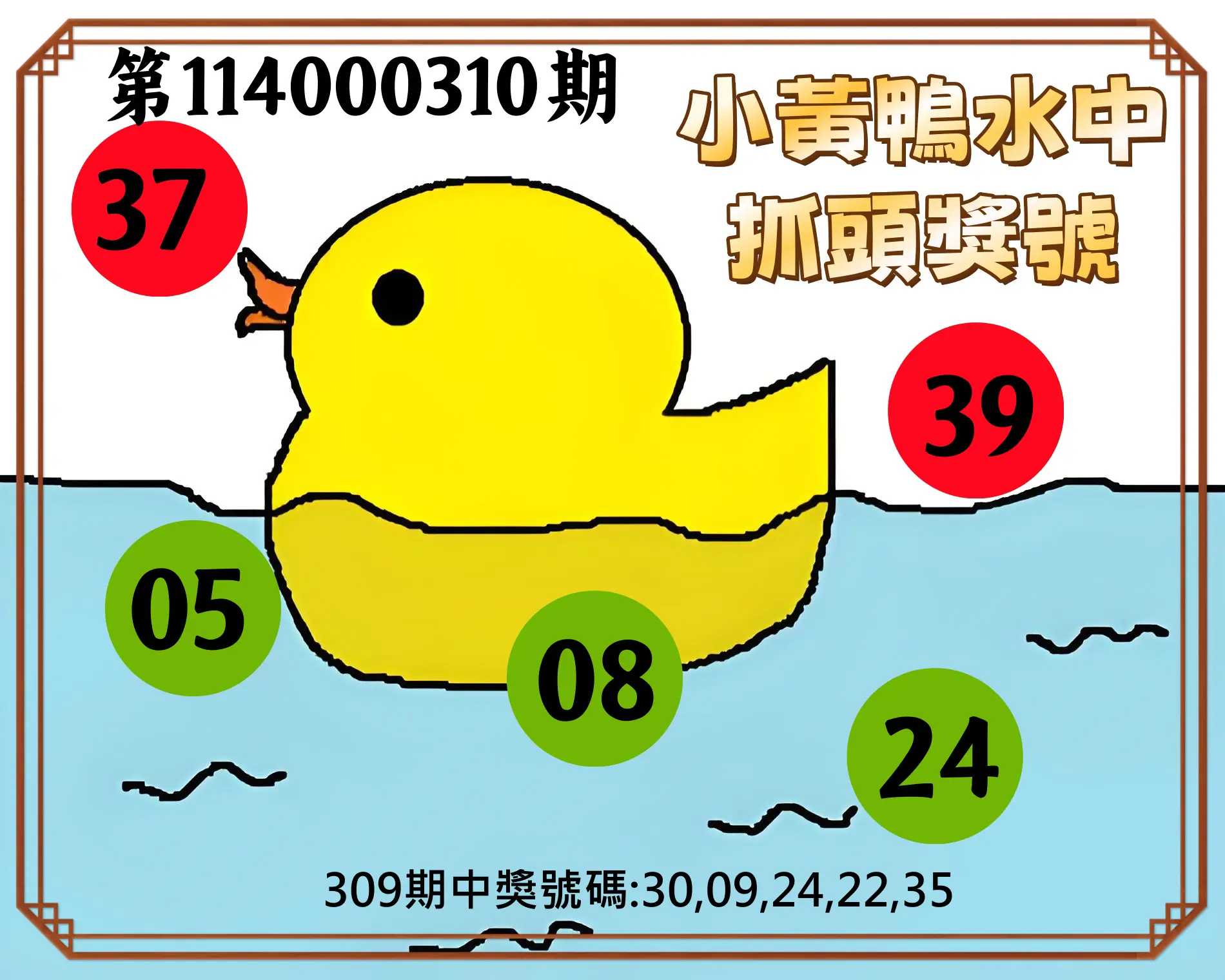 今彩539第114000310期(12/24)小黃鴨水中抓頭獎號