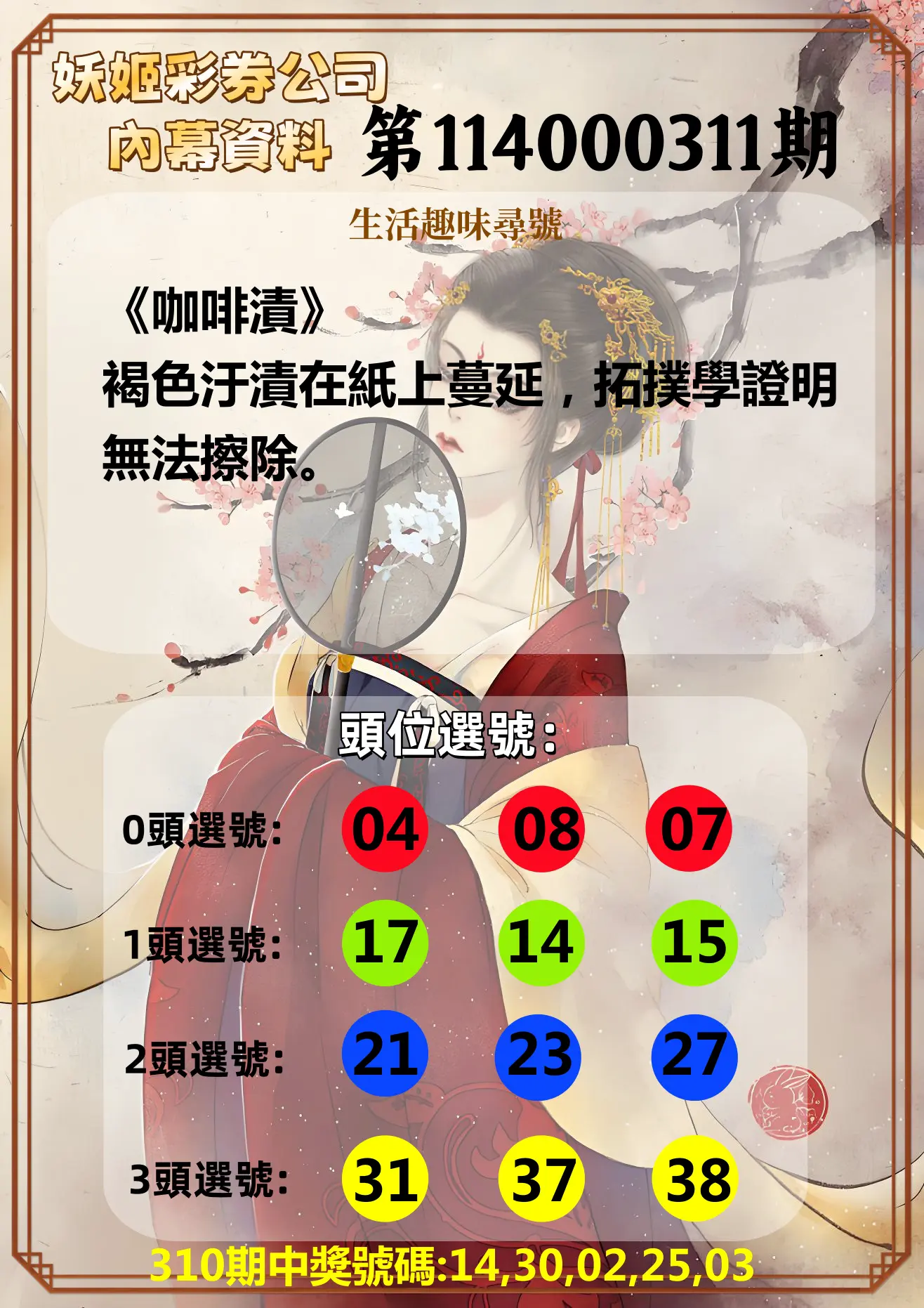 今彩539第114000311期(12/25)妖姬彩券公司內幕資料