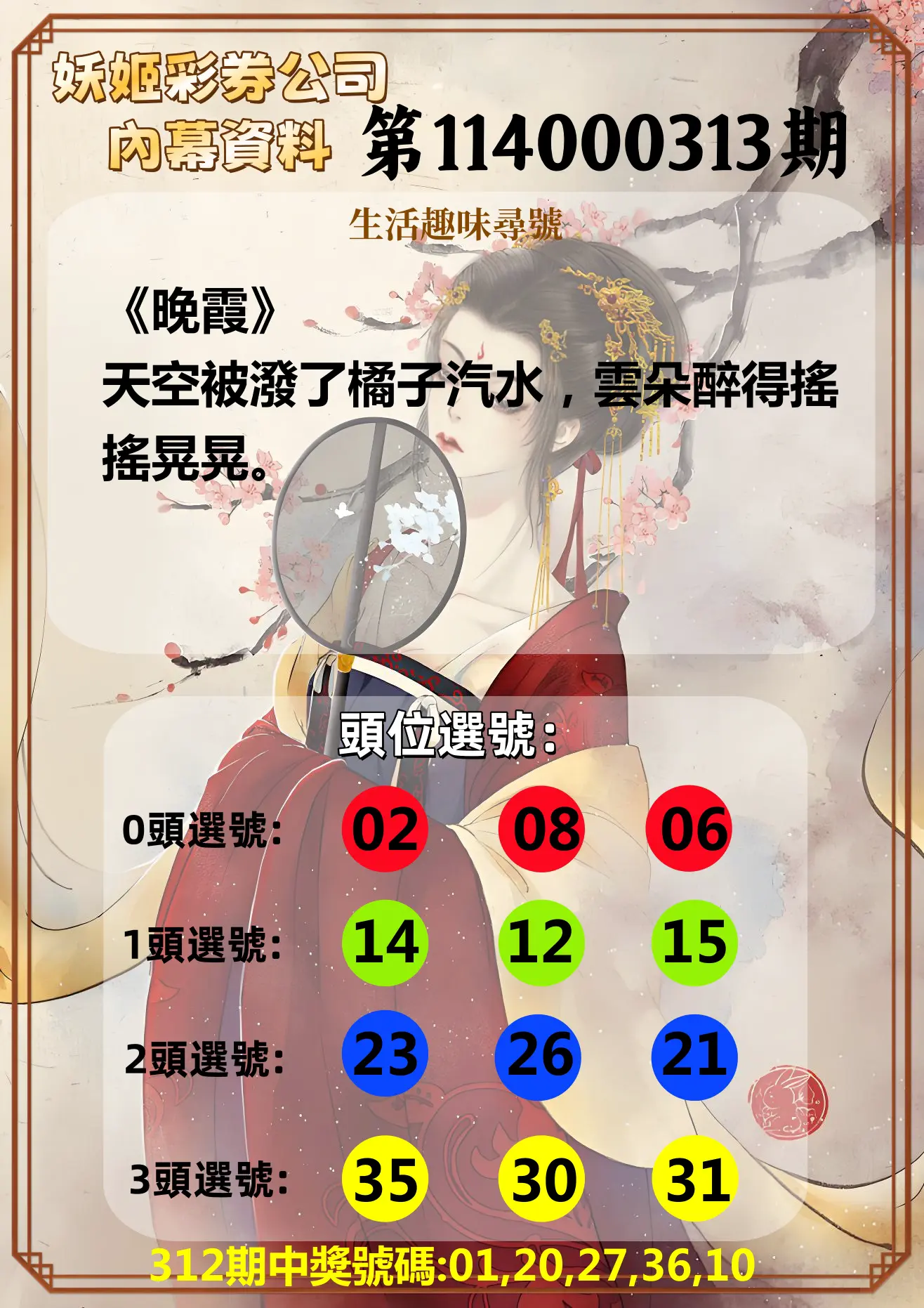 今彩539第114000313期(12/27)妖姬彩券公司內幕資料