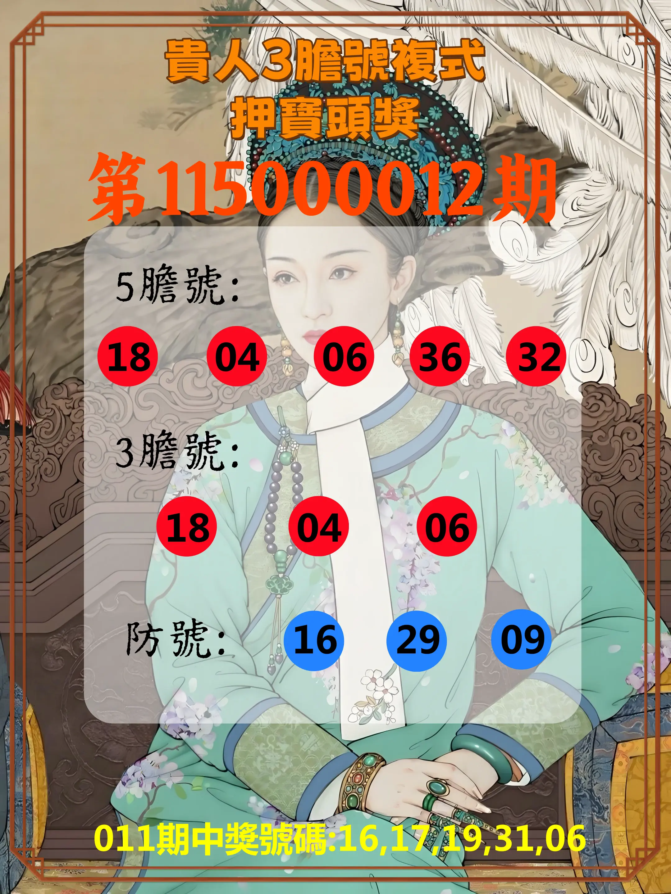 今彩539第115000012期(01/14)貴人3膽號複式押寶頭獎