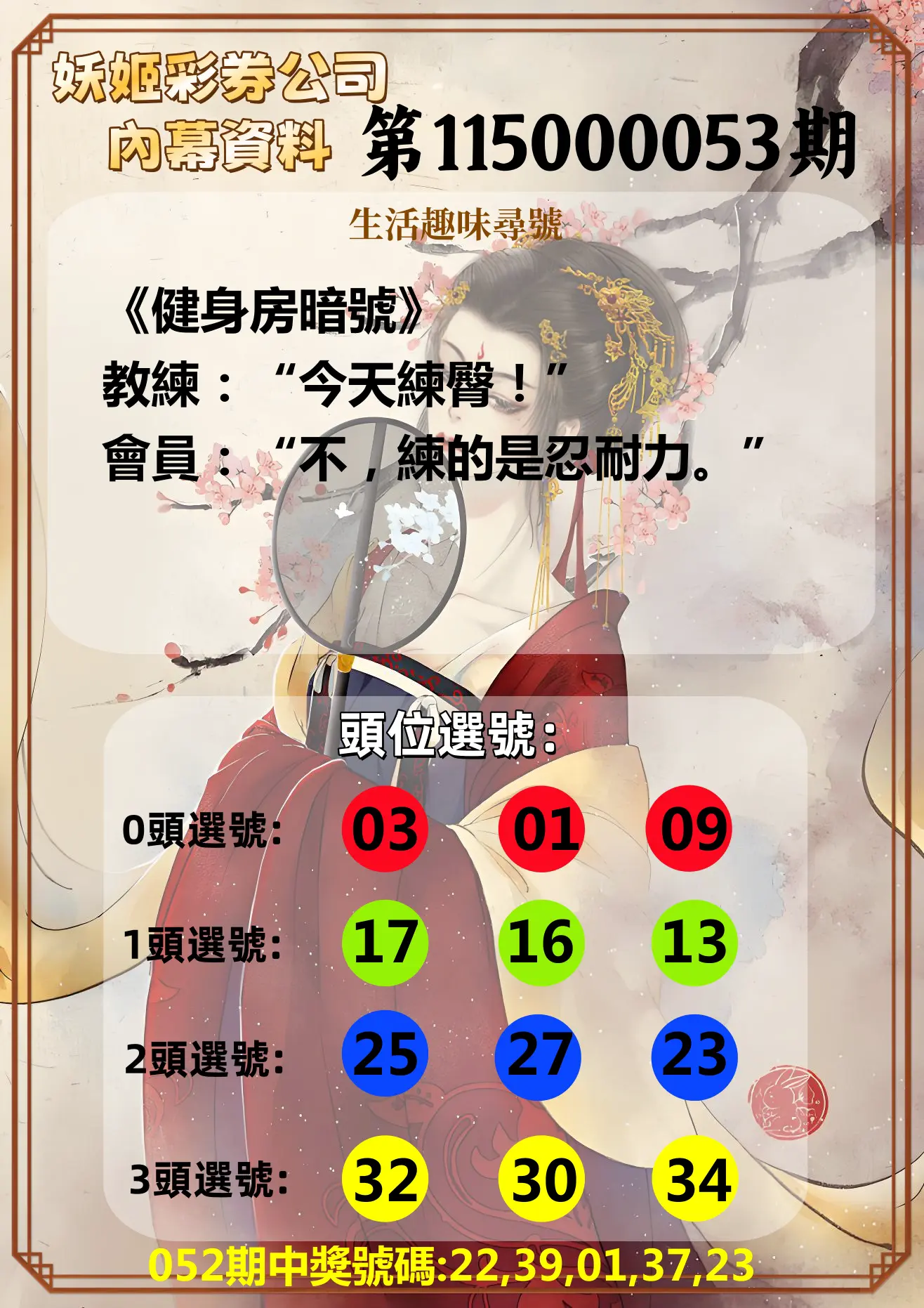 今彩539第115000053期(02/28)妖姬彩券公司內幕資料