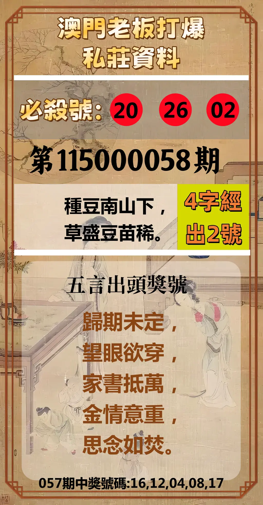 今彩539第115000058期(03/05)澳門老板打爆私莊資料