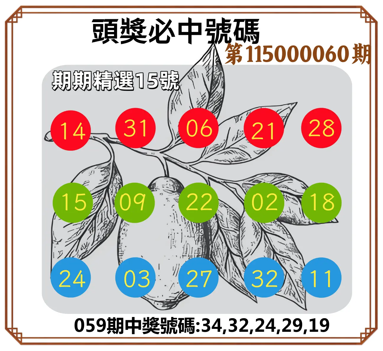 今彩539第115000060期(03/07)頭獎號碼