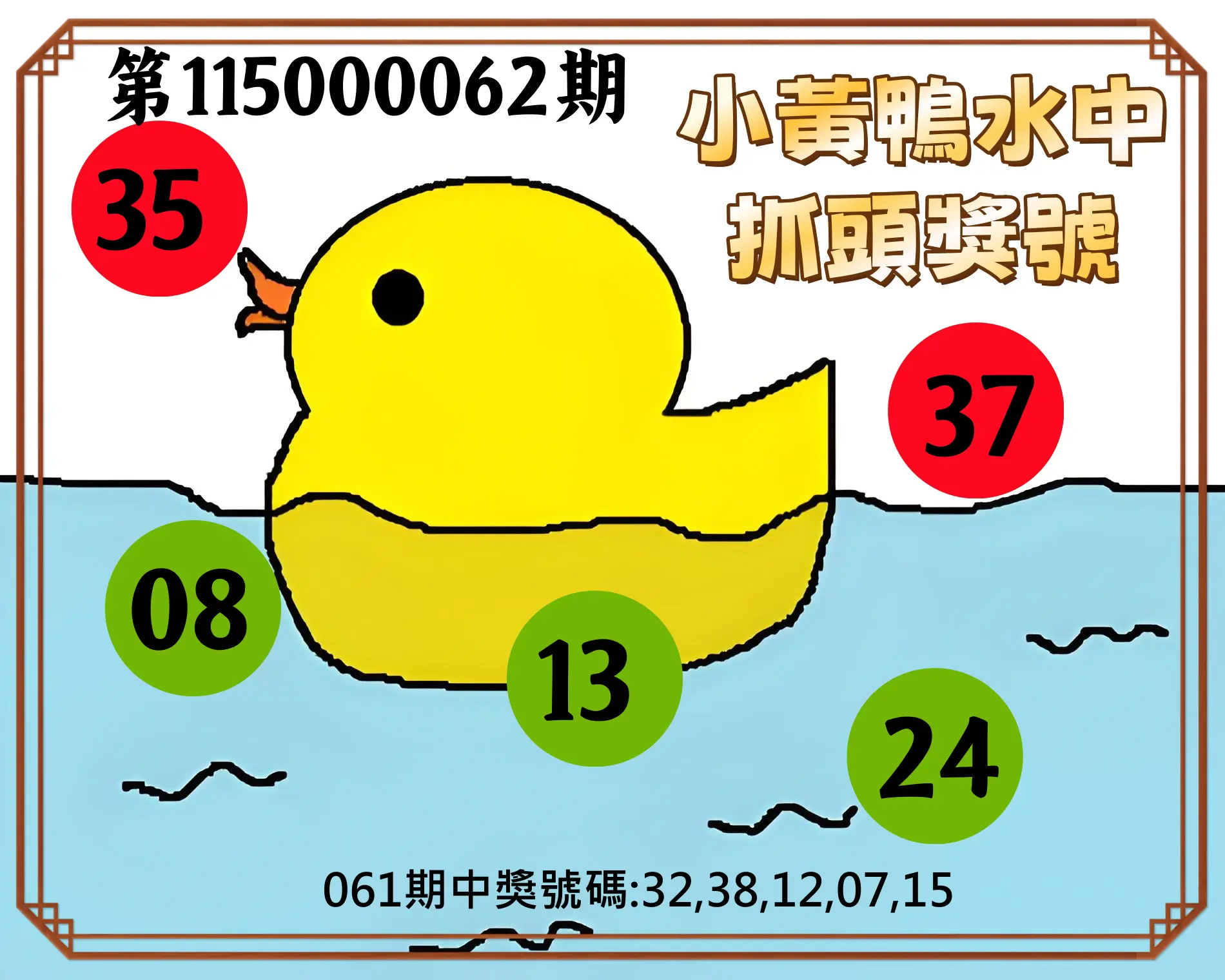 今彩539第115000062期(03/10)小黃鴨水中抓頭獎號