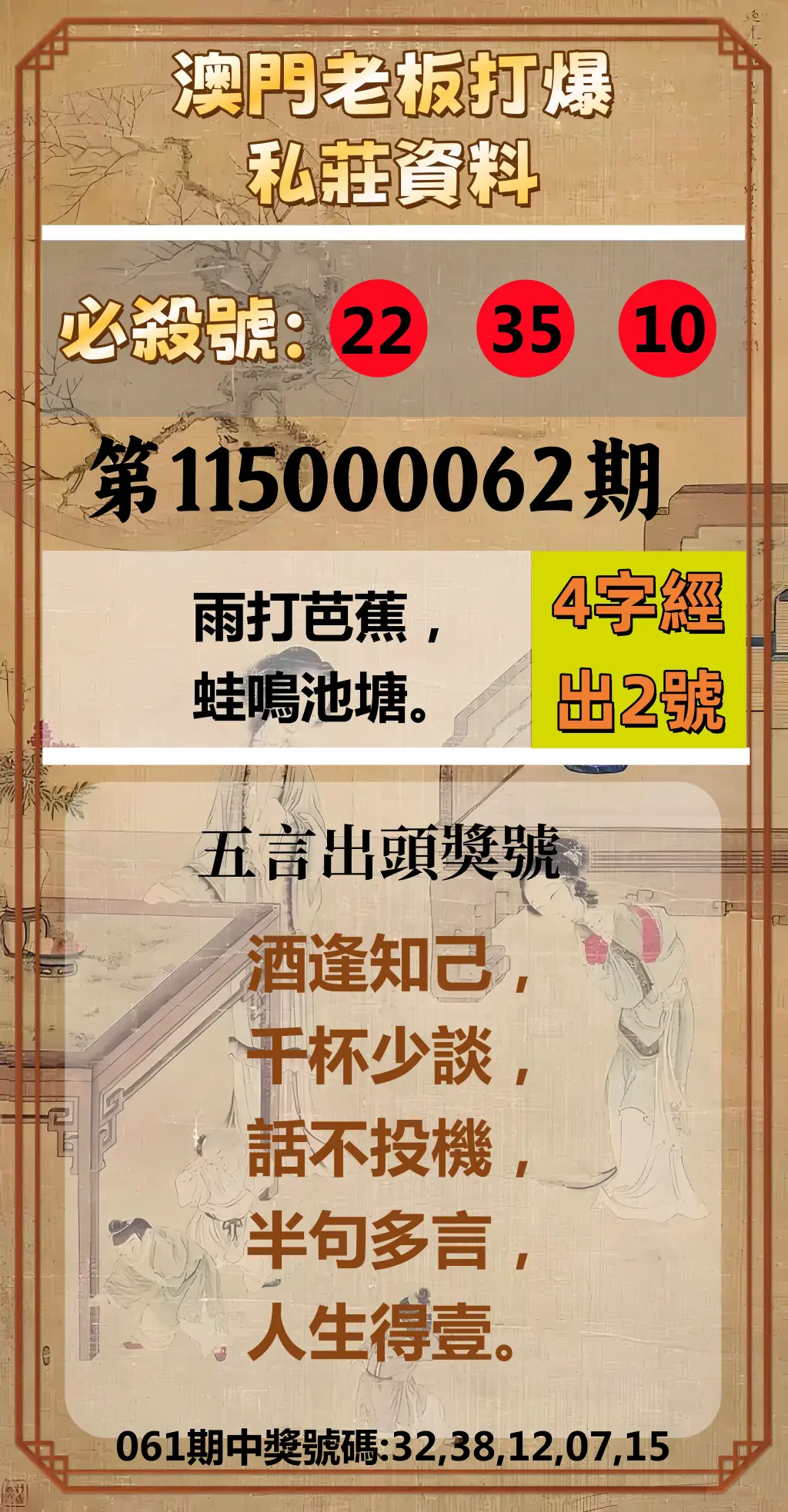 今彩539第115000062期(03/10)澳門老板打爆私莊資料