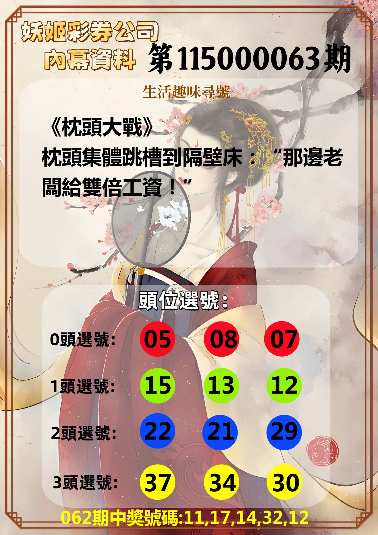 今彩539第115000063期(03/11)妖姬彩券公司內幕資料