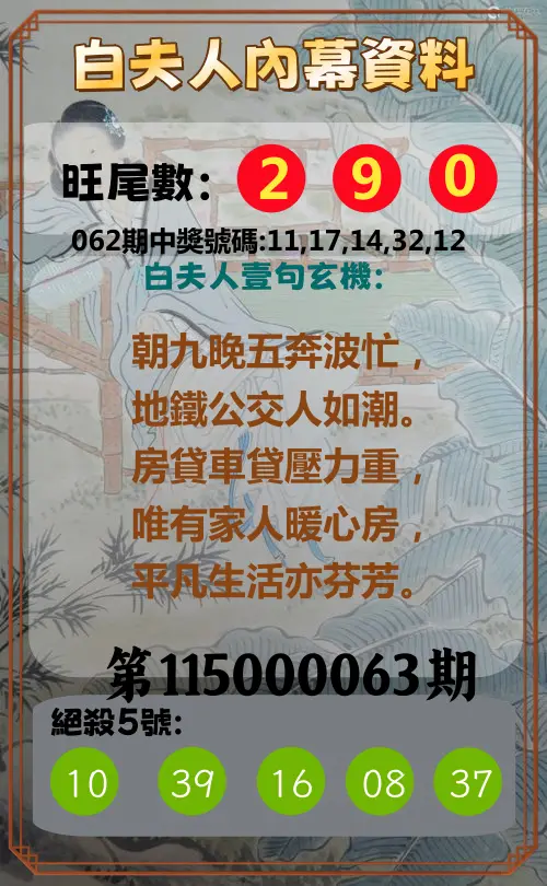 今彩539第115000063期(03/11)白夫人內幕資料
