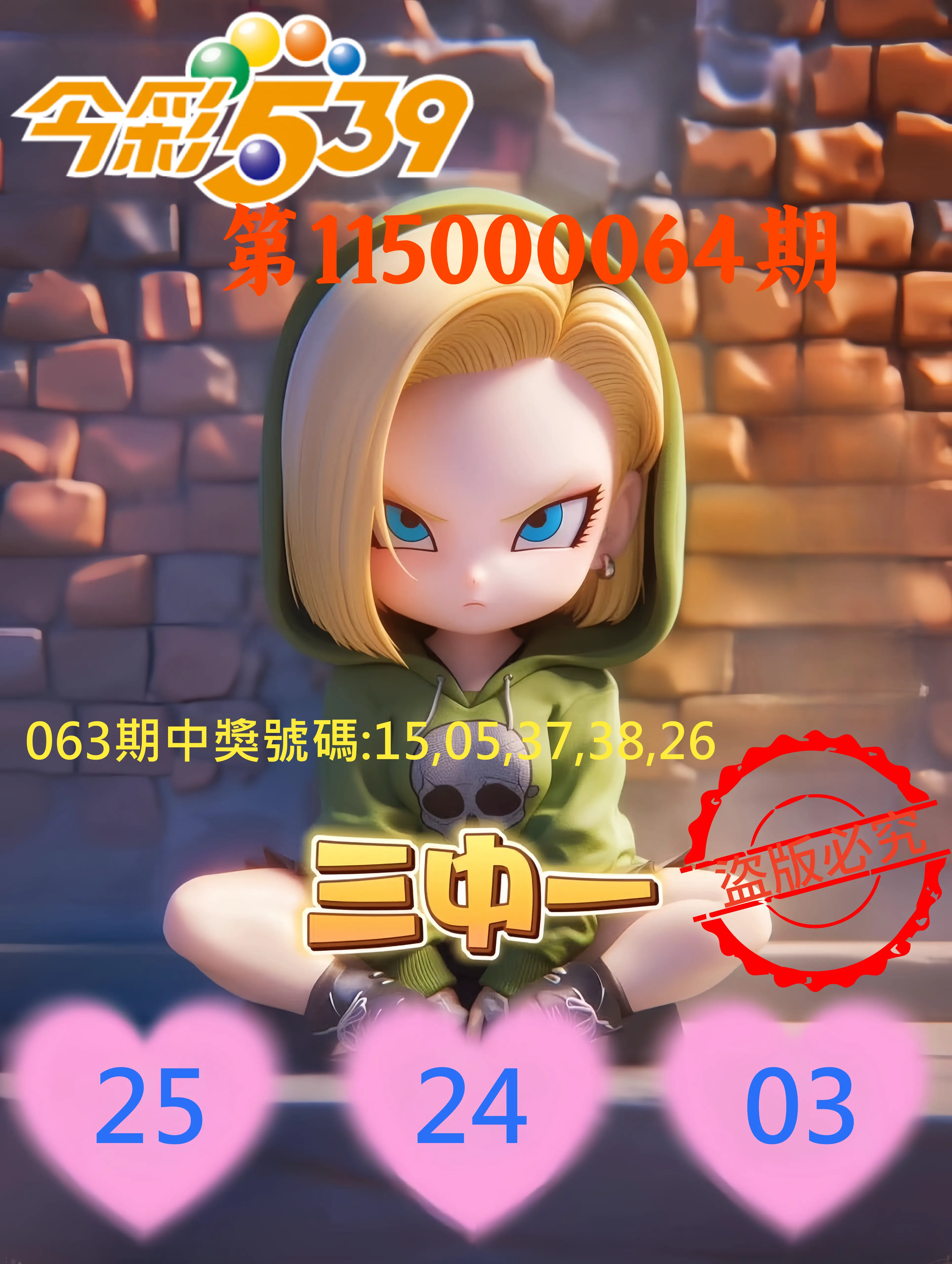 今彩539第115000064期(03/12)今彩539孫恩淑三中壹牌號