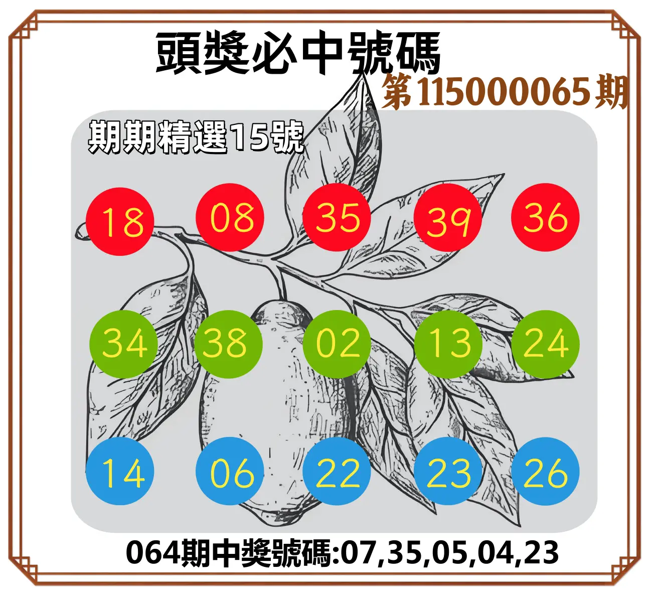 今彩539第115000065期(03/13)頭獎號碼