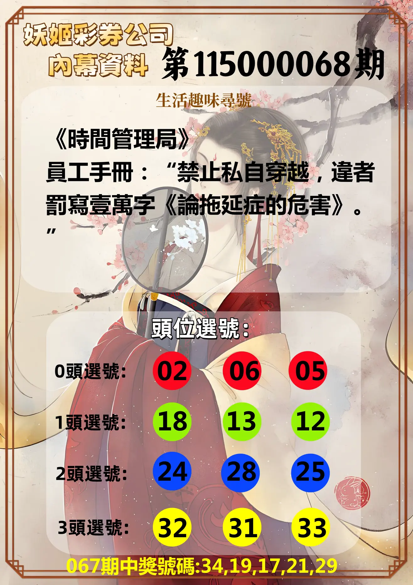 今彩539第115000068期(03/17)妖姬彩券公司內幕資料