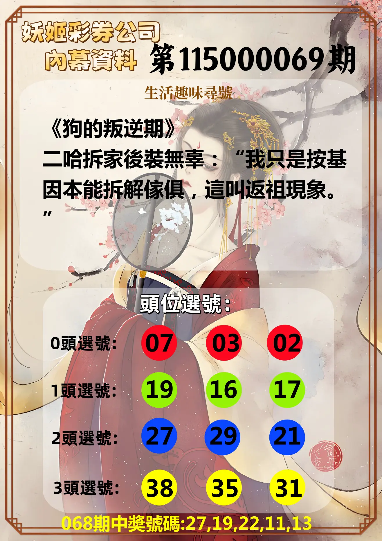 今彩539第115000069期(03/18)妖姬彩券公司內幕資料