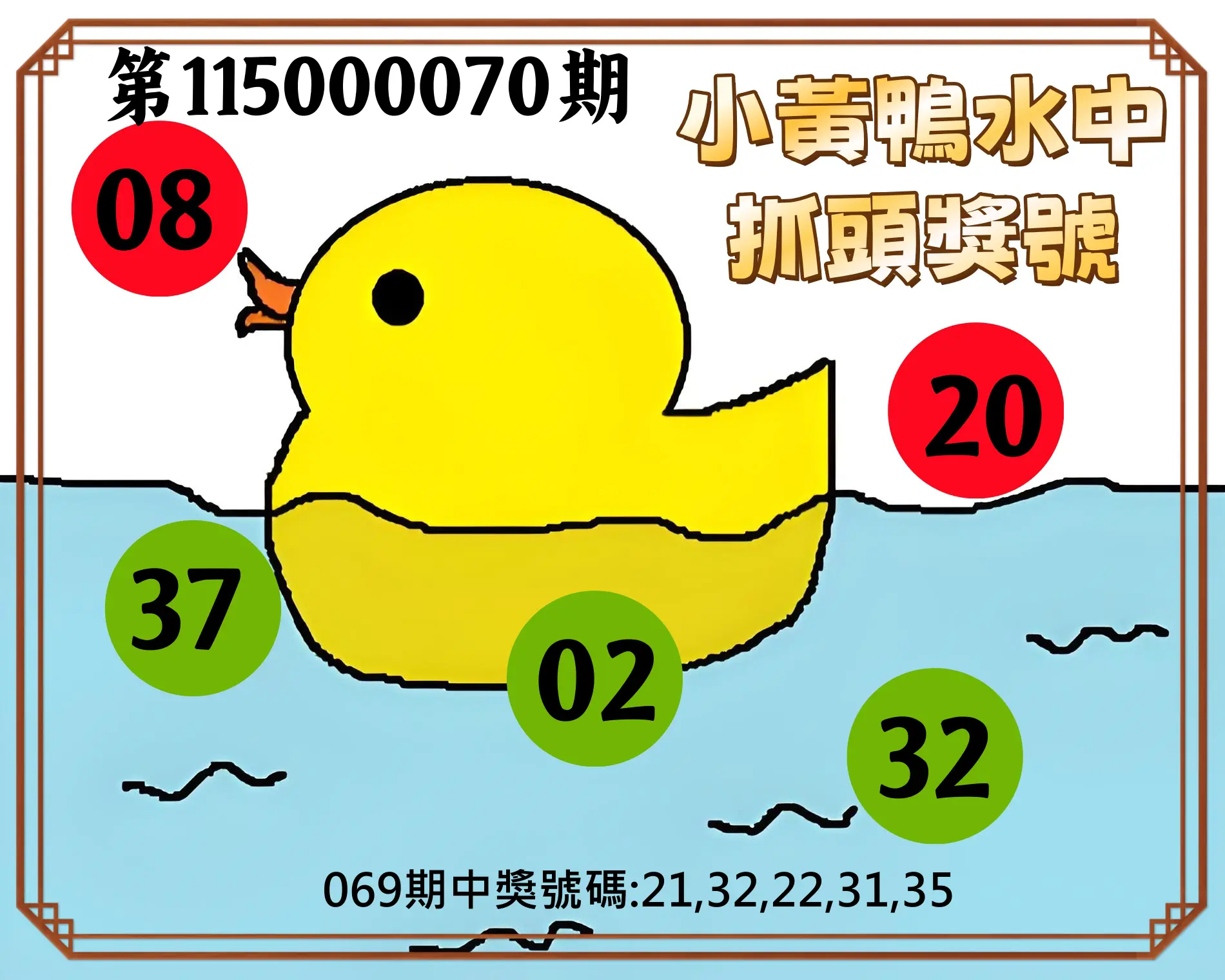 今彩539第115000070期(03/19)小黃鴨水中抓頭獎號