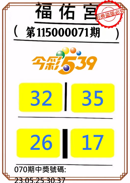 今彩539第115000071期(03/20)正版今彩539福佑宮牌號