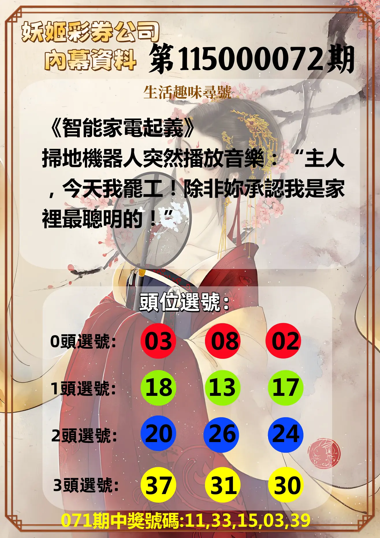 今彩539第115000072期(03/21)妖姬彩券公司內幕資料