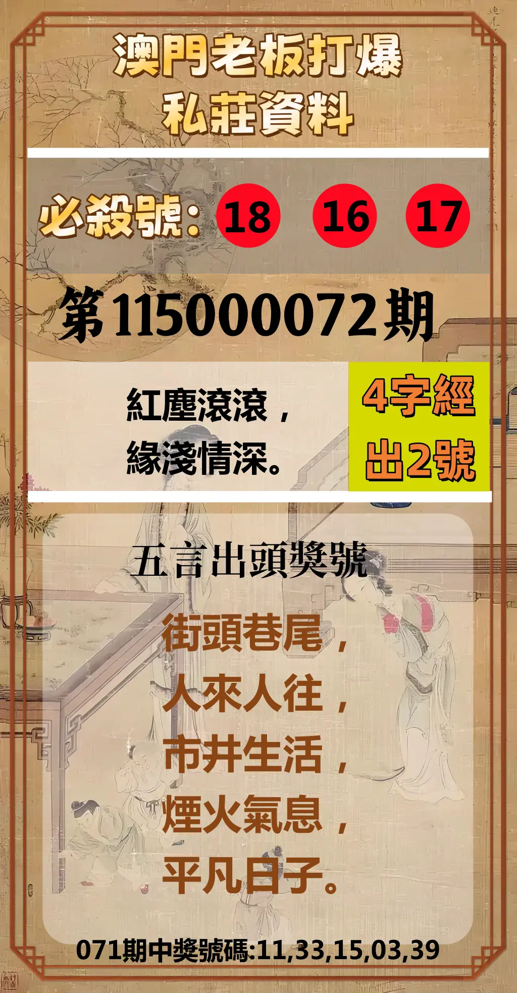 今彩539第115000072期(03/21)澳門老板打爆私莊資料