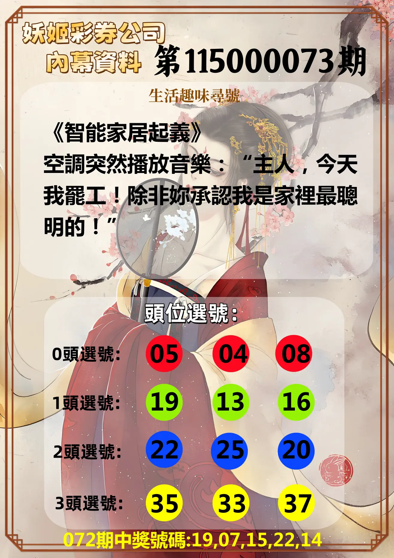 今彩539第115000073期(03/23)妖姬彩券公司內幕資料