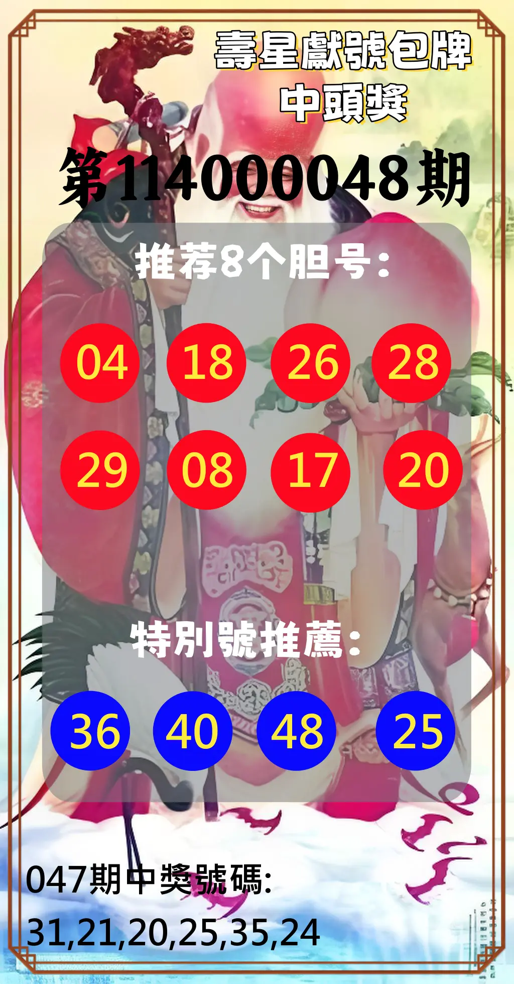 大樂透第114000048期壽星獻號包牌中頭獎