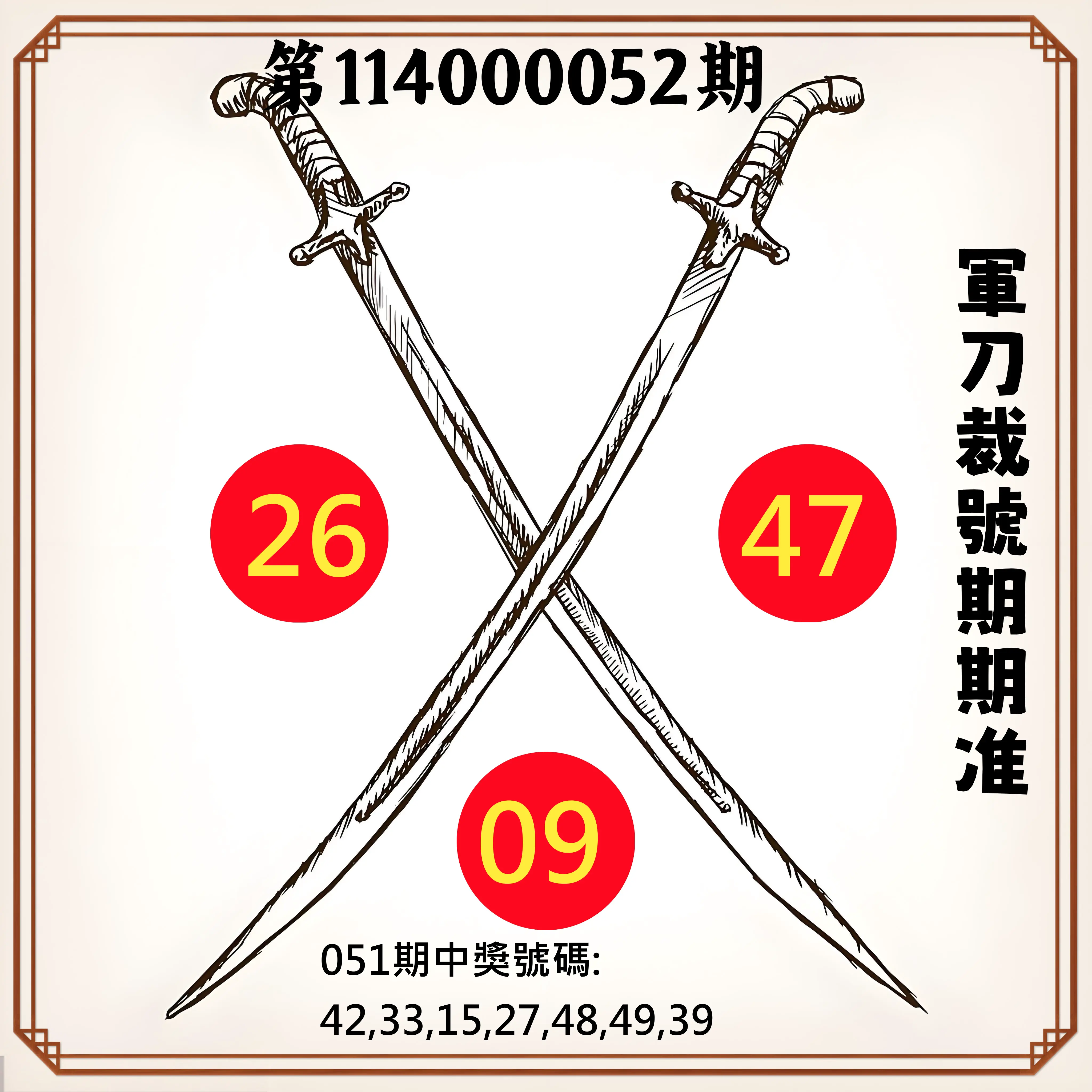 大樂透第114000052期軍刀裁號期期准