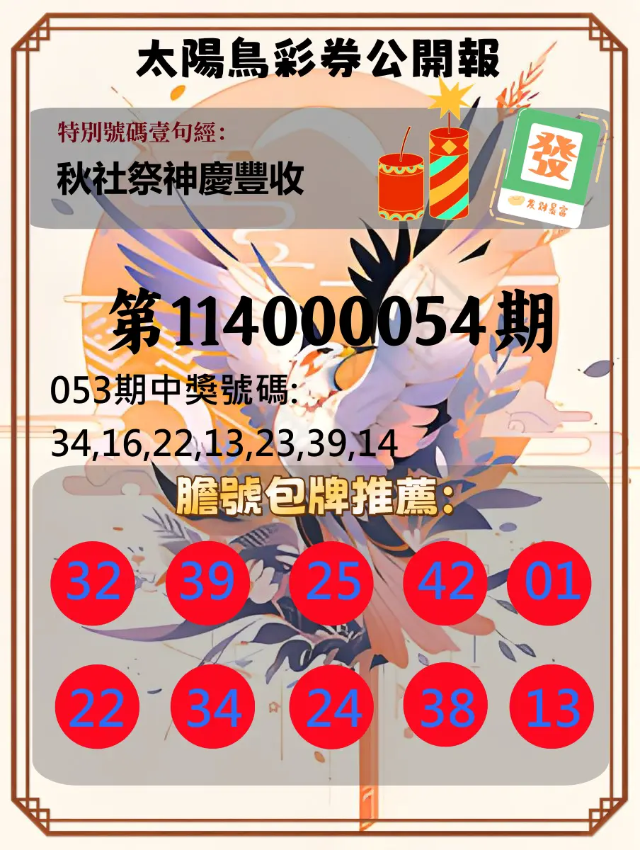 大樂透第114000054期太陽鳥彩券公開報