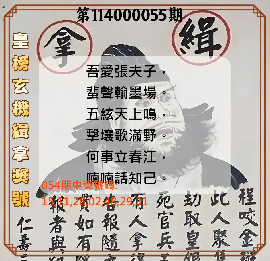 大樂透第114000055期皇榜玄機緝拿獎號