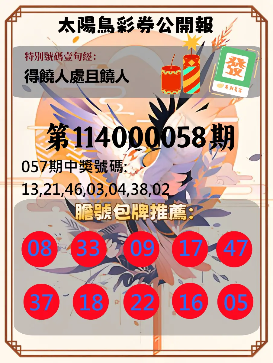 大樂透第114000058期太陽鳥彩券公開報