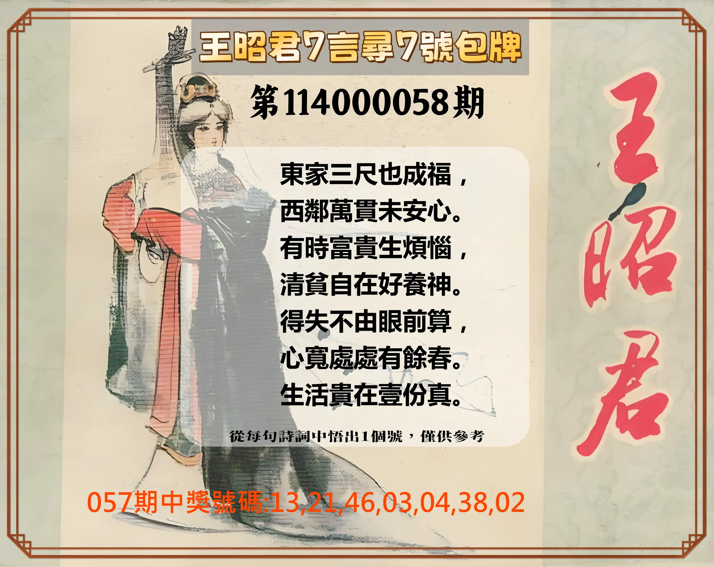 大樂透第114000058期王昭君7言尋7號包牌