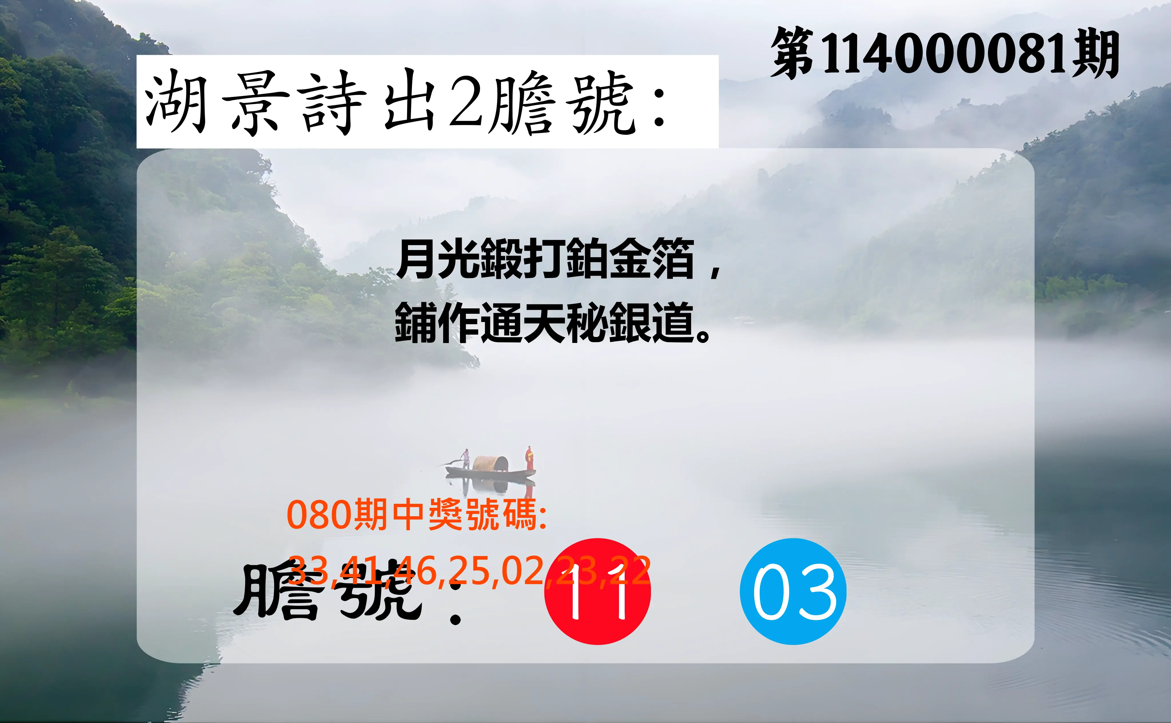 大樂透第114000081期(08/22)湖景詩出2膽號