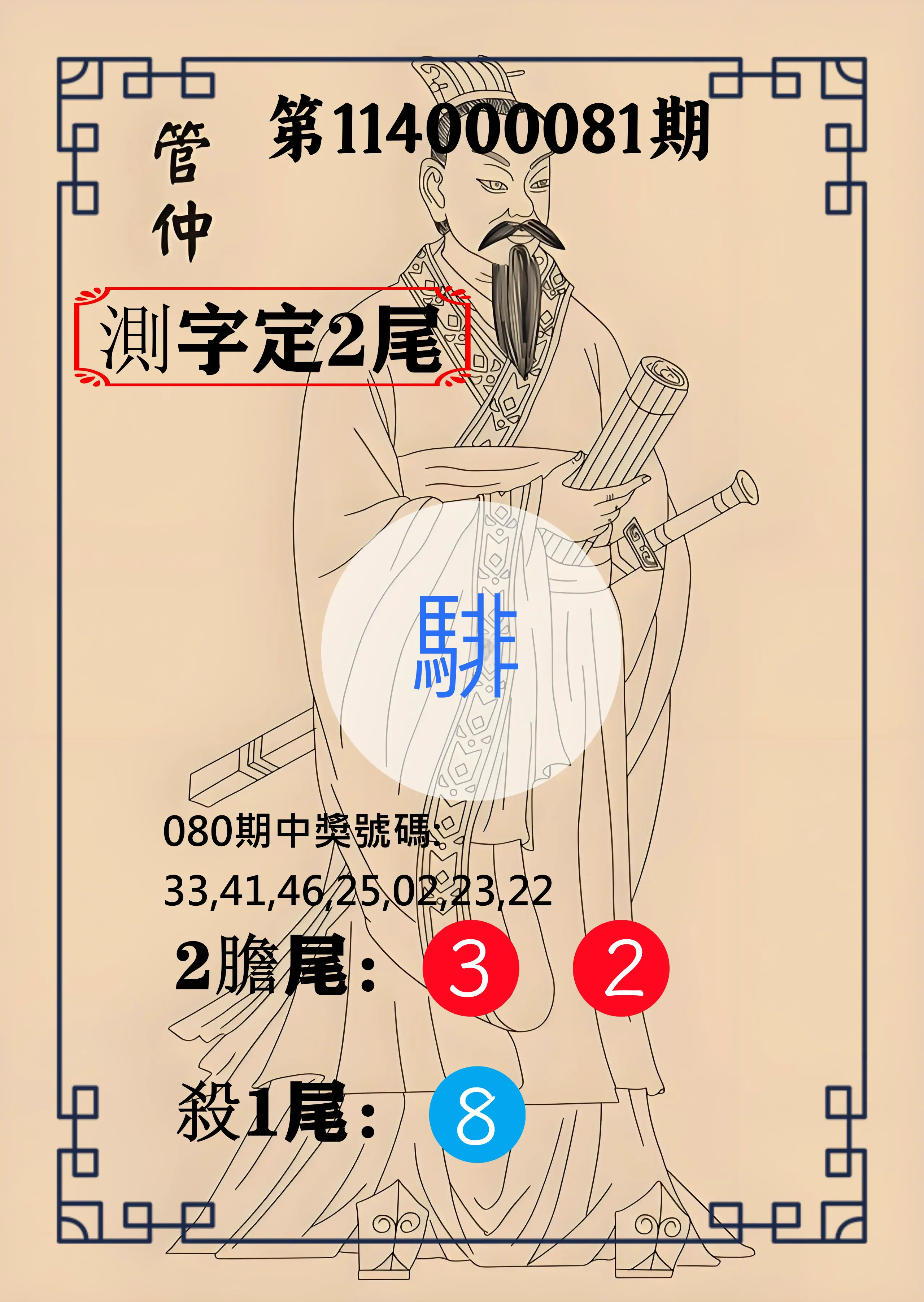 大樂透第114000081期(08/22)管仲測字定2尾