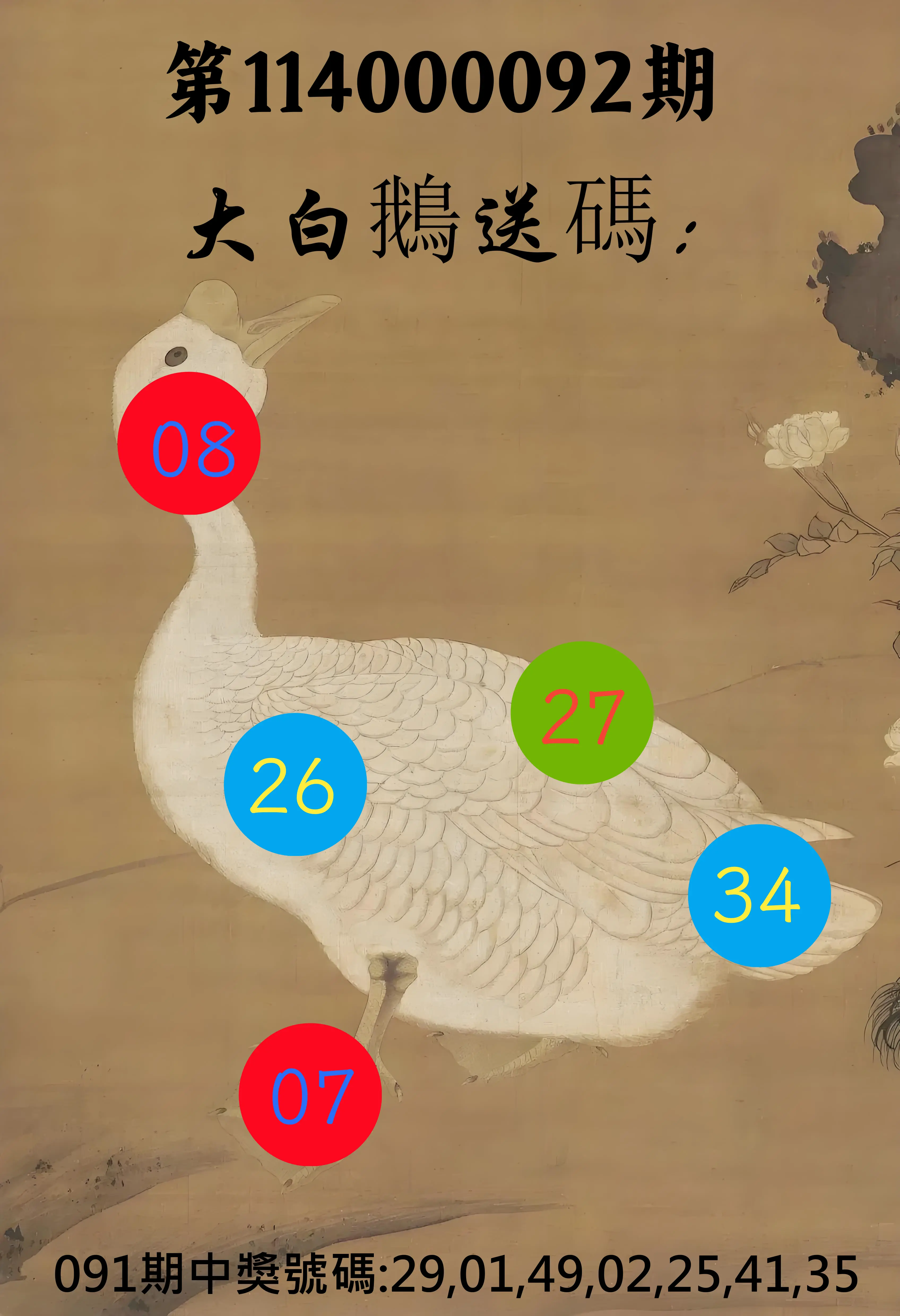 大樂透第114000092期(09/30)大白鵝送碼