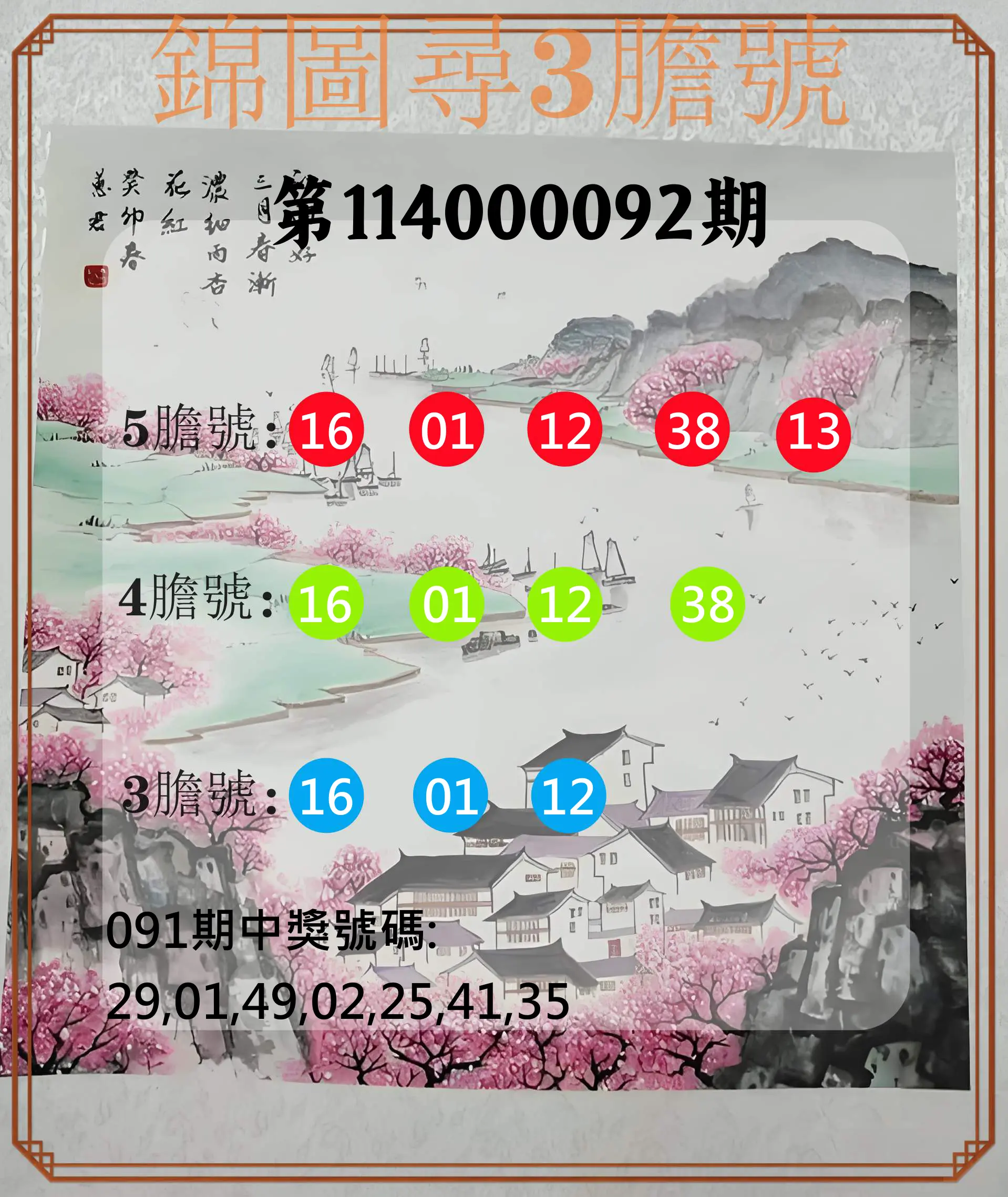 大樂透第114000092期(09/30)錦圖尋3膽號