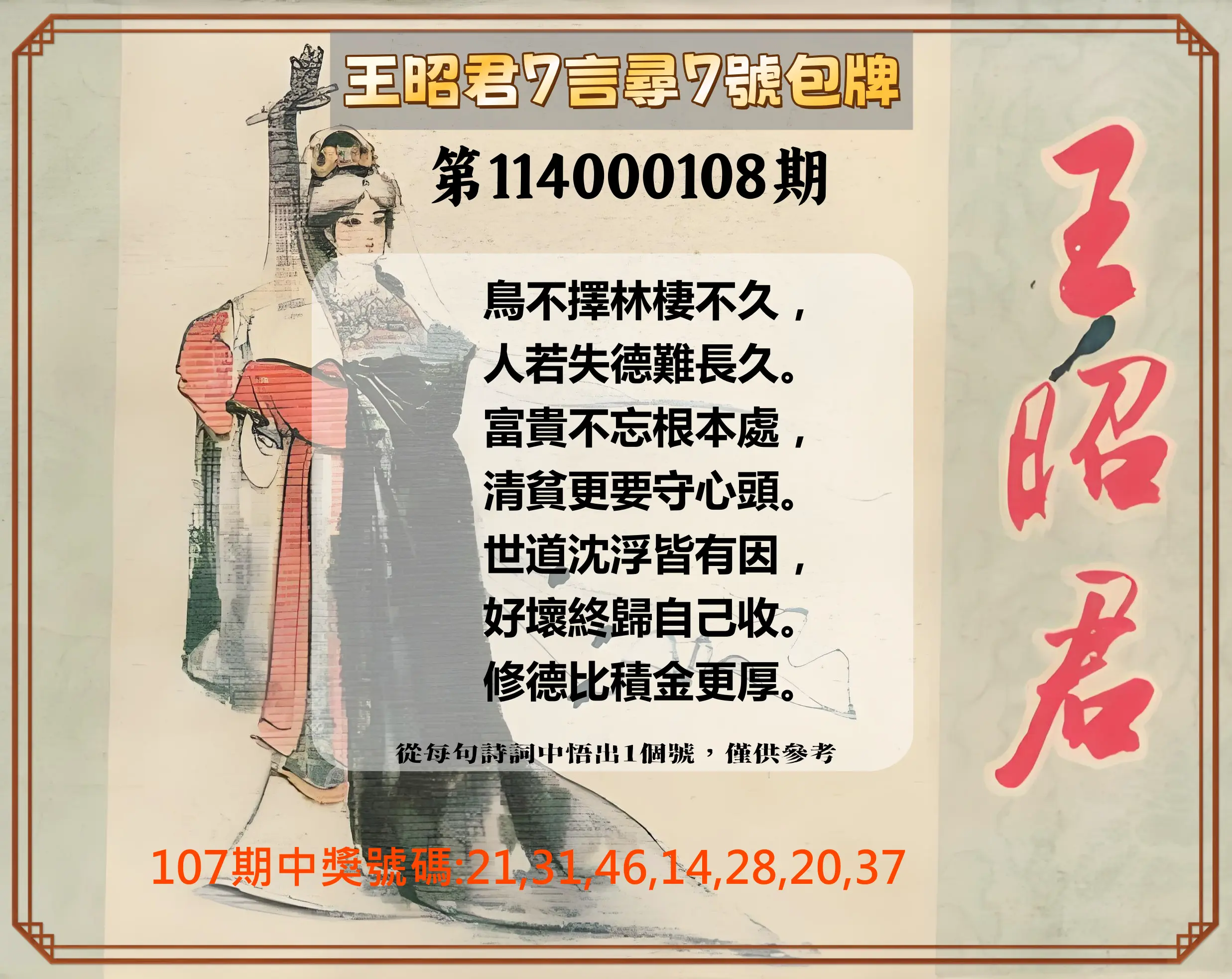 大樂透第114000108期(11/25)王昭君7言尋7號包牌
