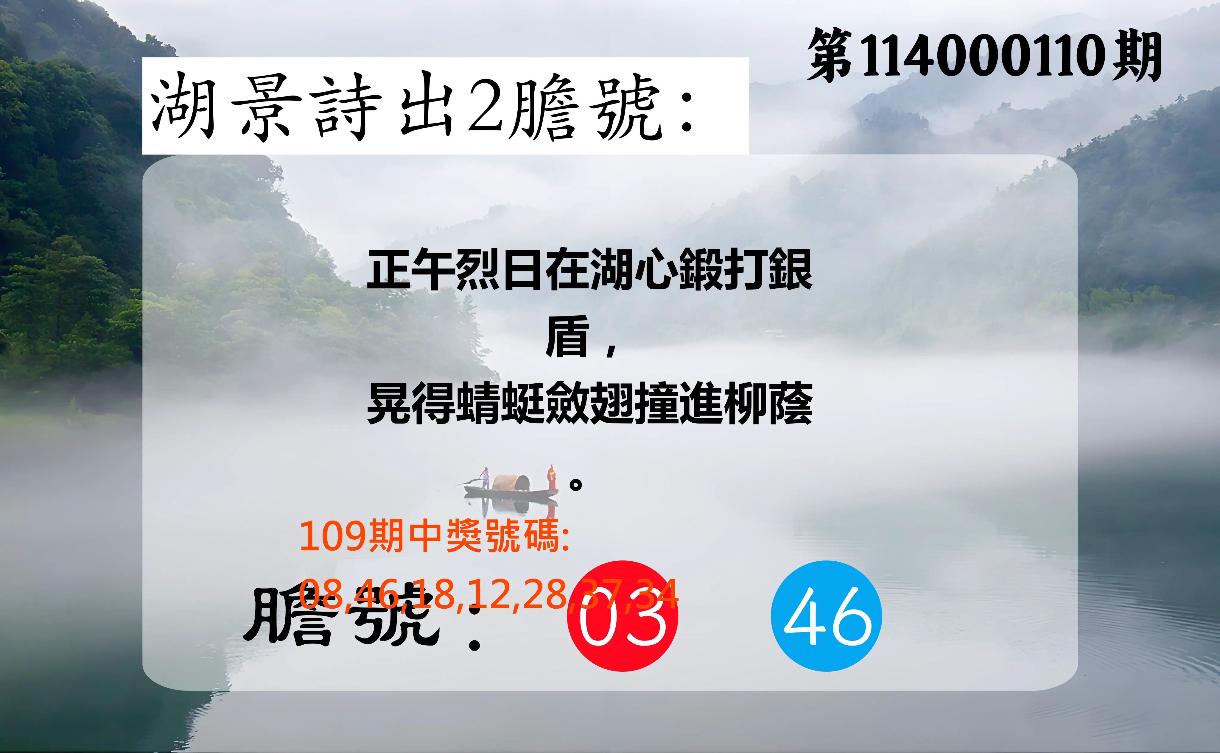 大樂透第114000110期(12/02)湖景詩出2膽號