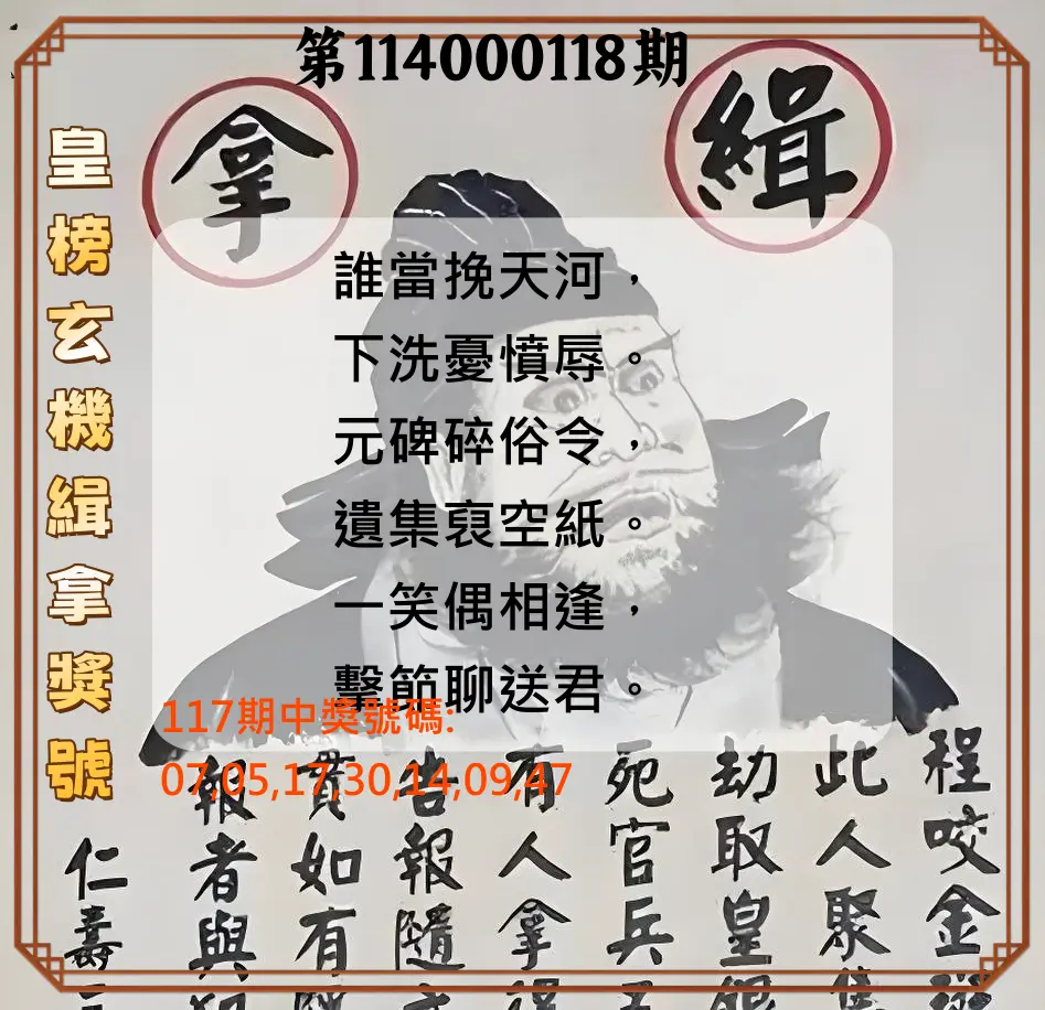 大樂透第114000118期(12/30)皇榜玄機緝拿獎號